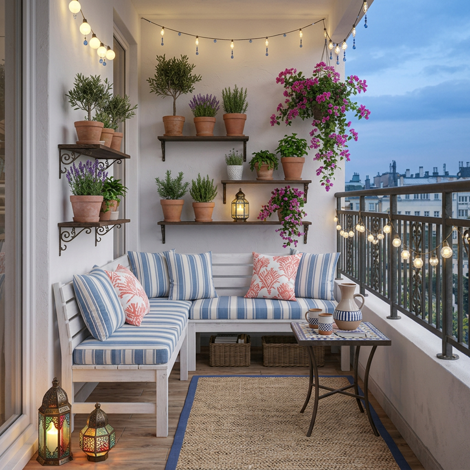 Mediterranean Balcony Design with Floating Shelves and Terracotta Pots ...