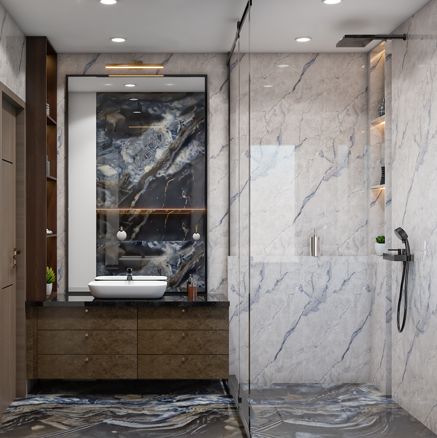 Contemporary Bathroom Design with Blue Black Marble Tiles and Wooden ...