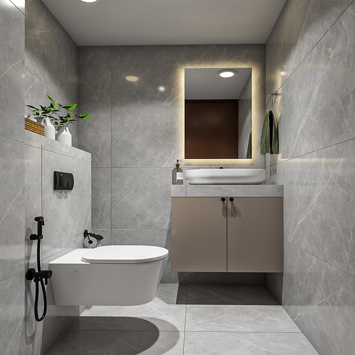 Modern Bathroom Design with Floating Taupe Vanity and Grey Marble Wall ...
