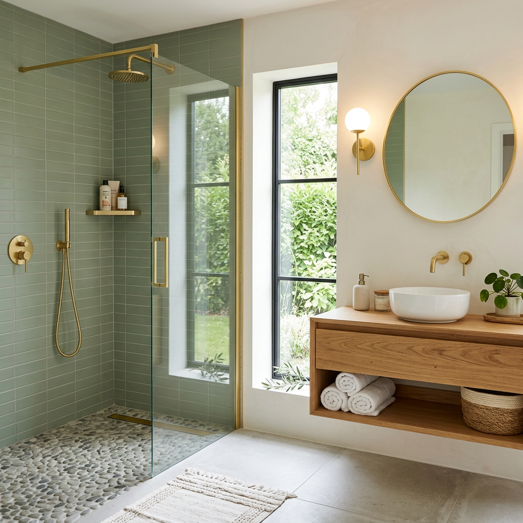 Modern Bathroom Design with Green and Grey Tiles and Gold Fixtures ...