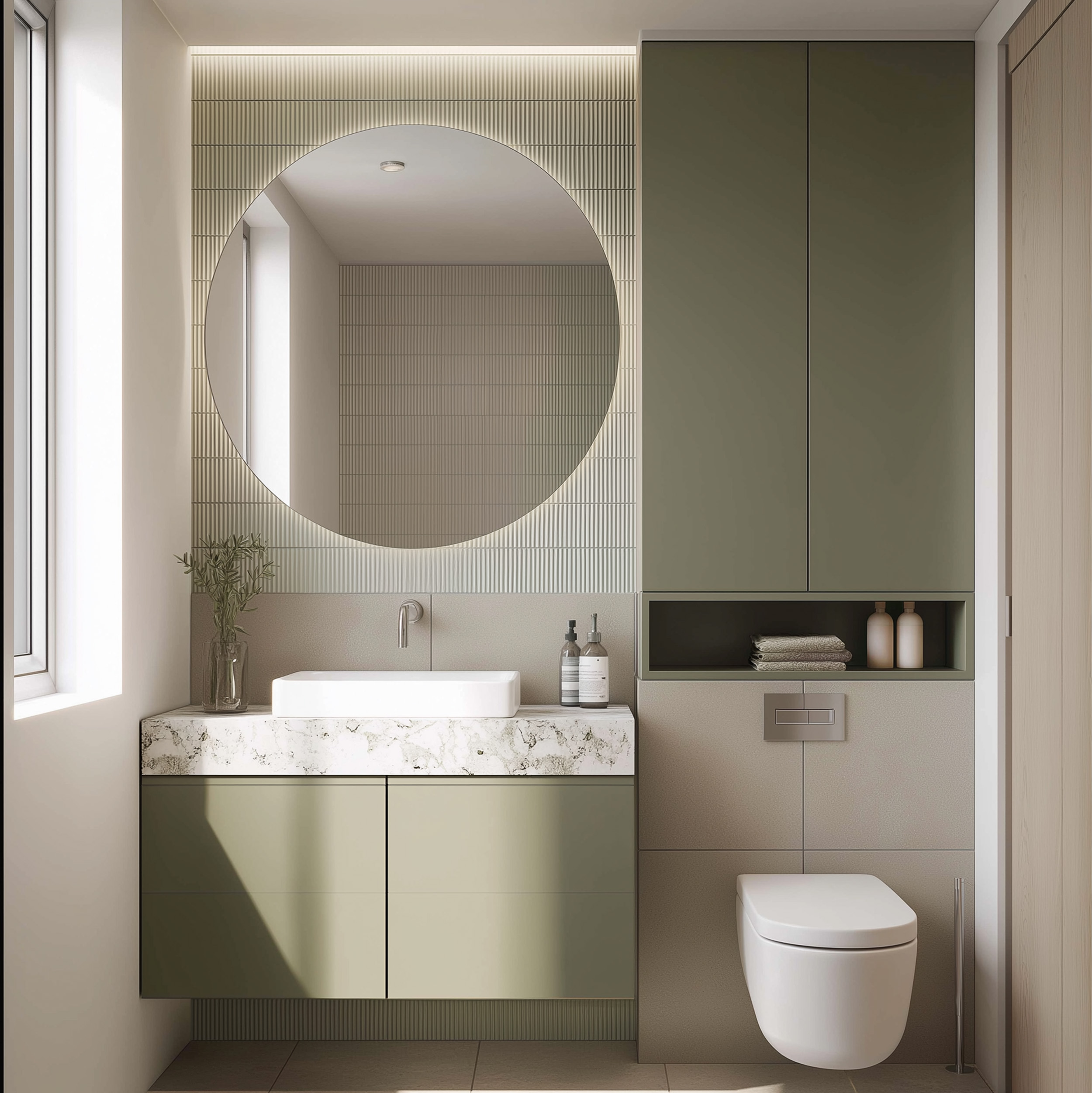Minimal Bathroom Design with Round Mirror and Green Beige Tiles | Livspace