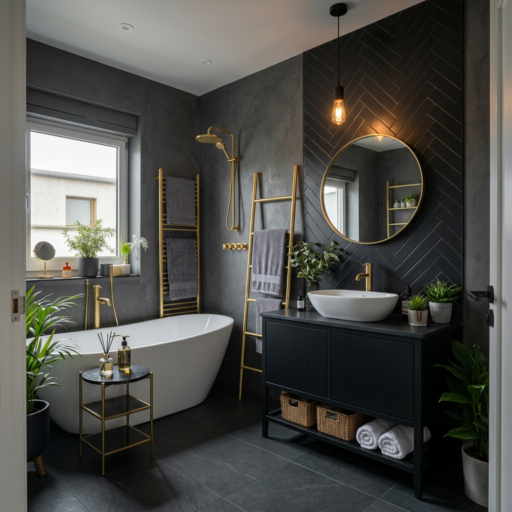 Contemporary Bathroom Design with Grey Herringbone Walls and White ...