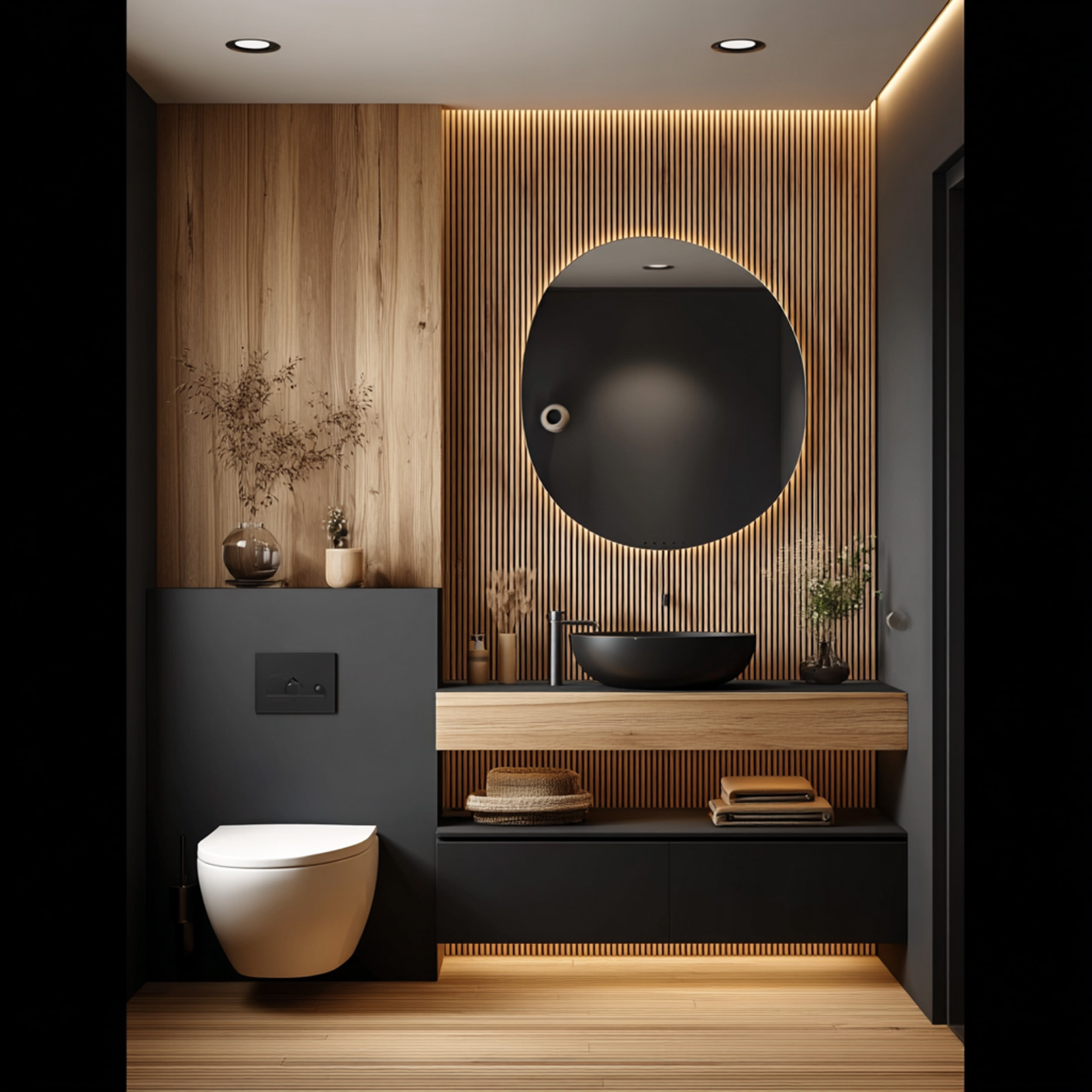 Contemporary Bathroom Design with Black Tiles and Round Mirror | Livspace