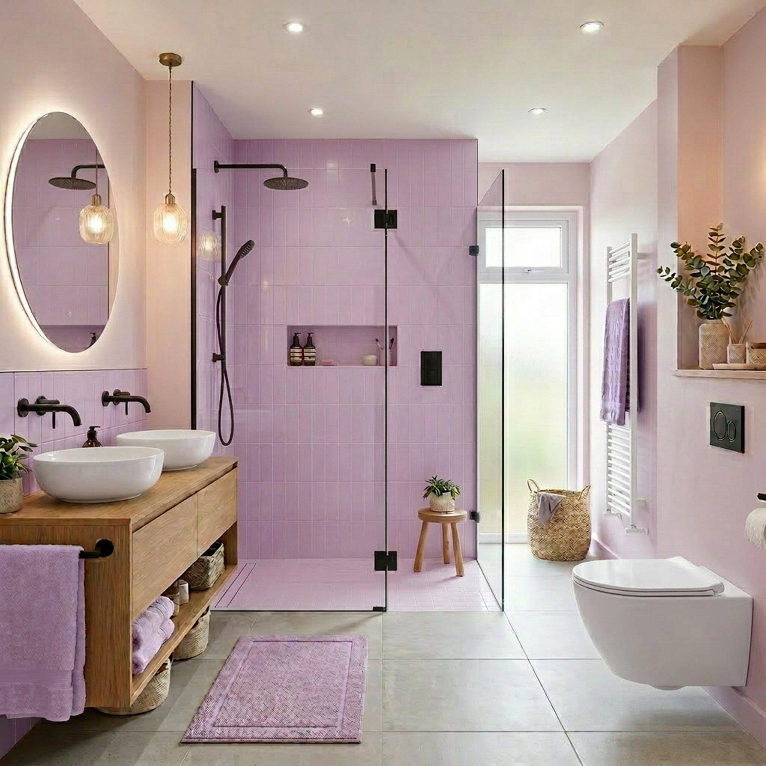 Contemporary Bathroom Design with Lavender Tiles and Glass Shower ...