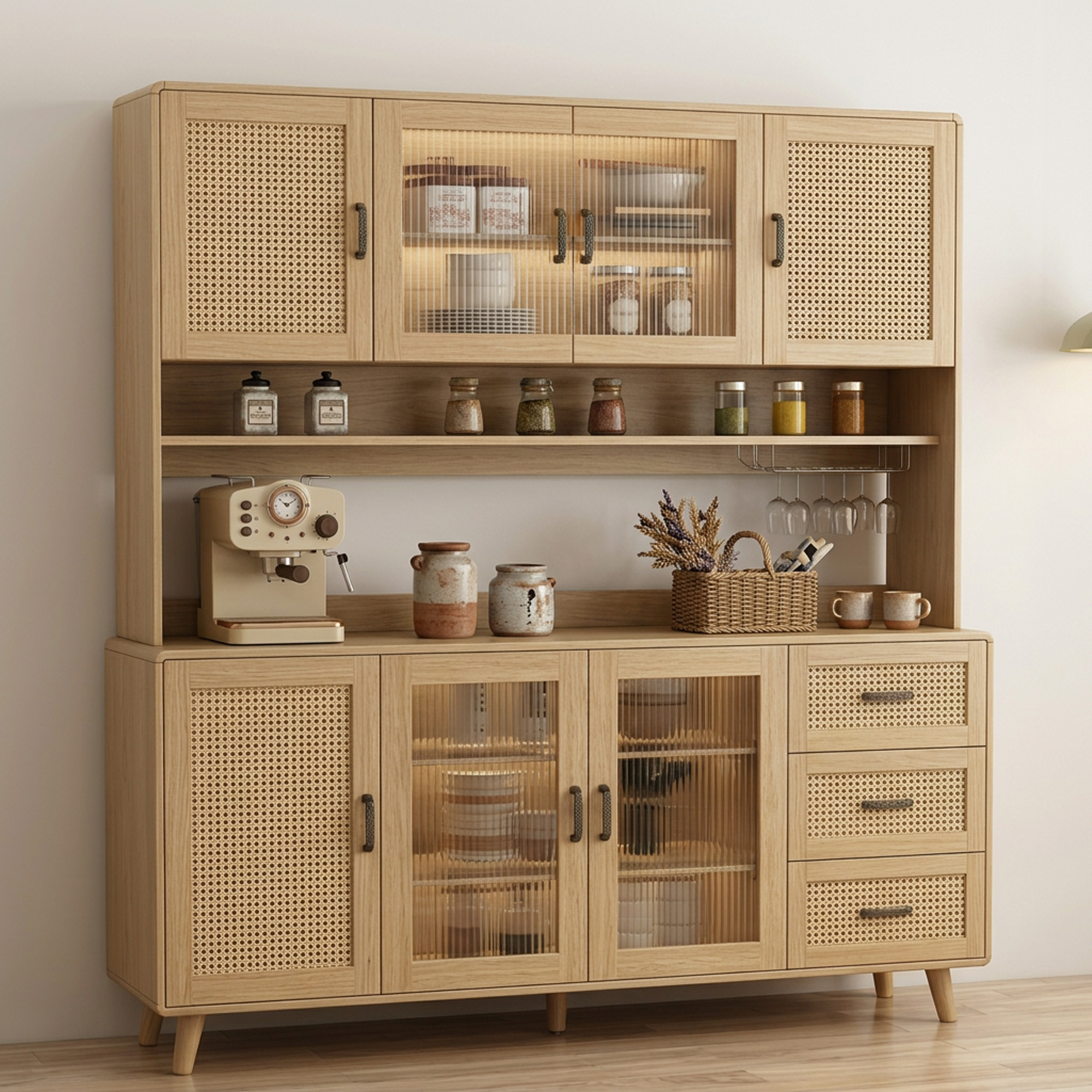 Wood Scandinavian Crockery Unit Design with Cane Webbing and Glass ...