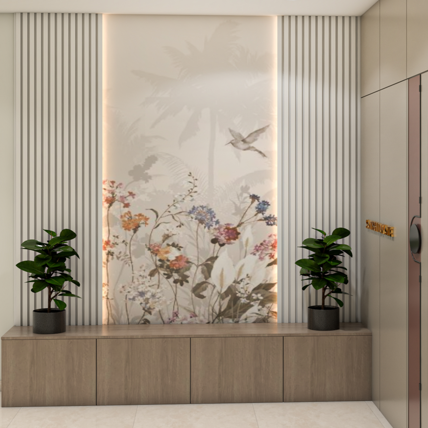 Modern Walnut Foyer Design with Storage Cabinet and Wall Paneling ...