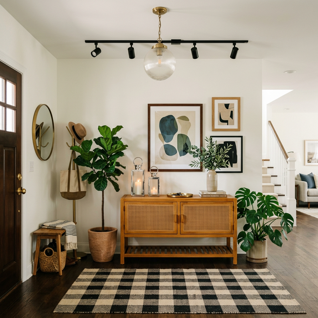 Mid-Century Modern Foyer Design with Teak Wood Console and Oval Mirror ...