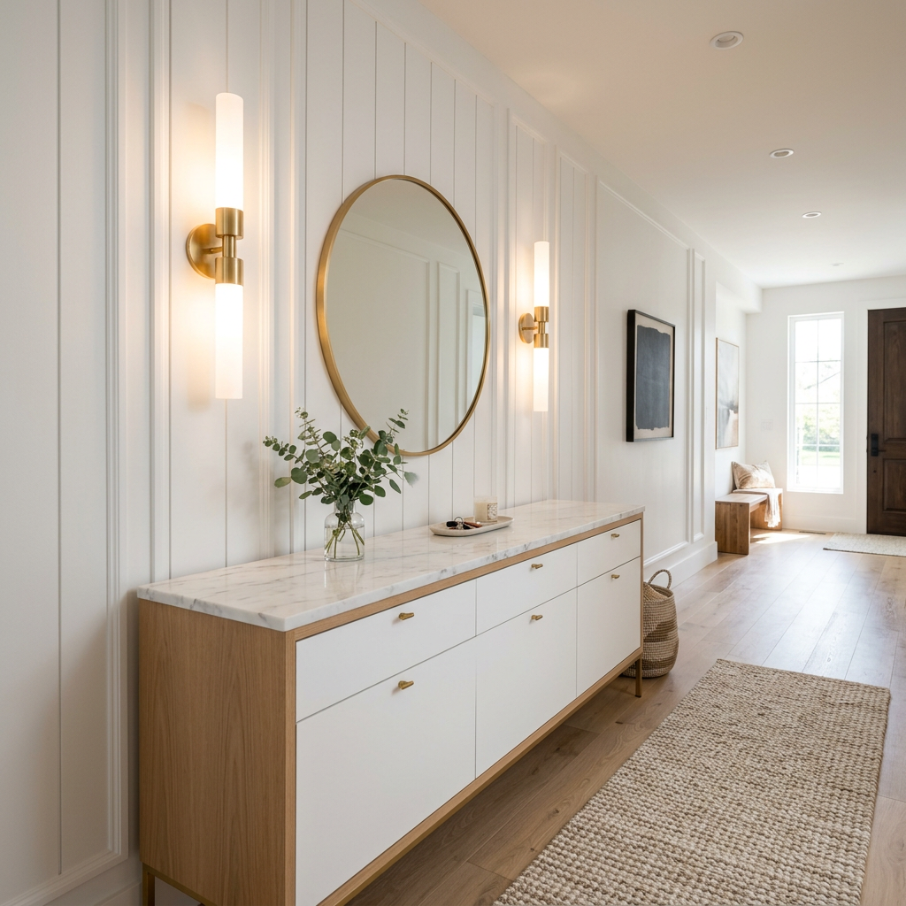 Acacia and White Modern Foyer Design with Marble Console and Storage ...