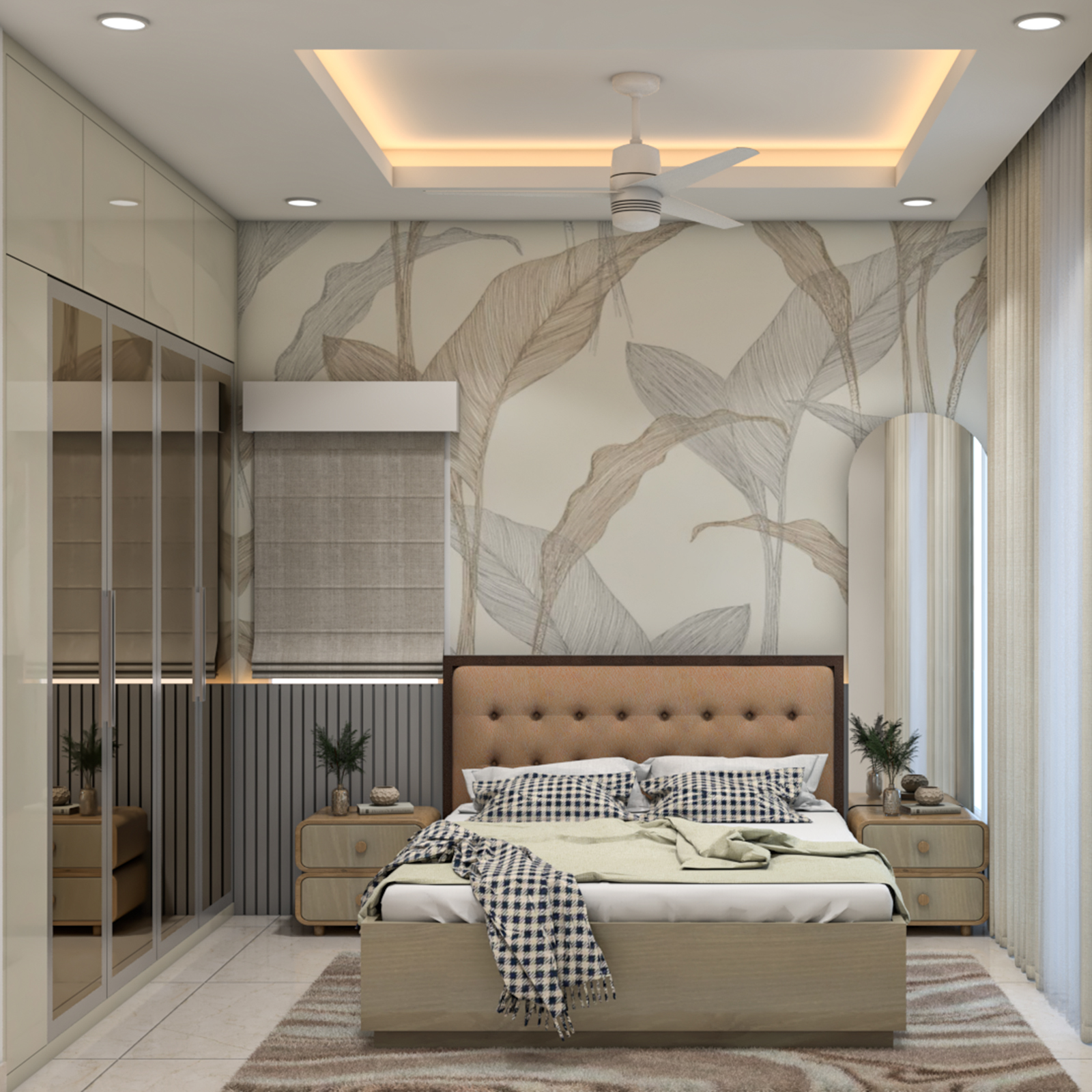 Transitional Guest Bedroom Design with Tufted Bed and Wardrobe Storage ...