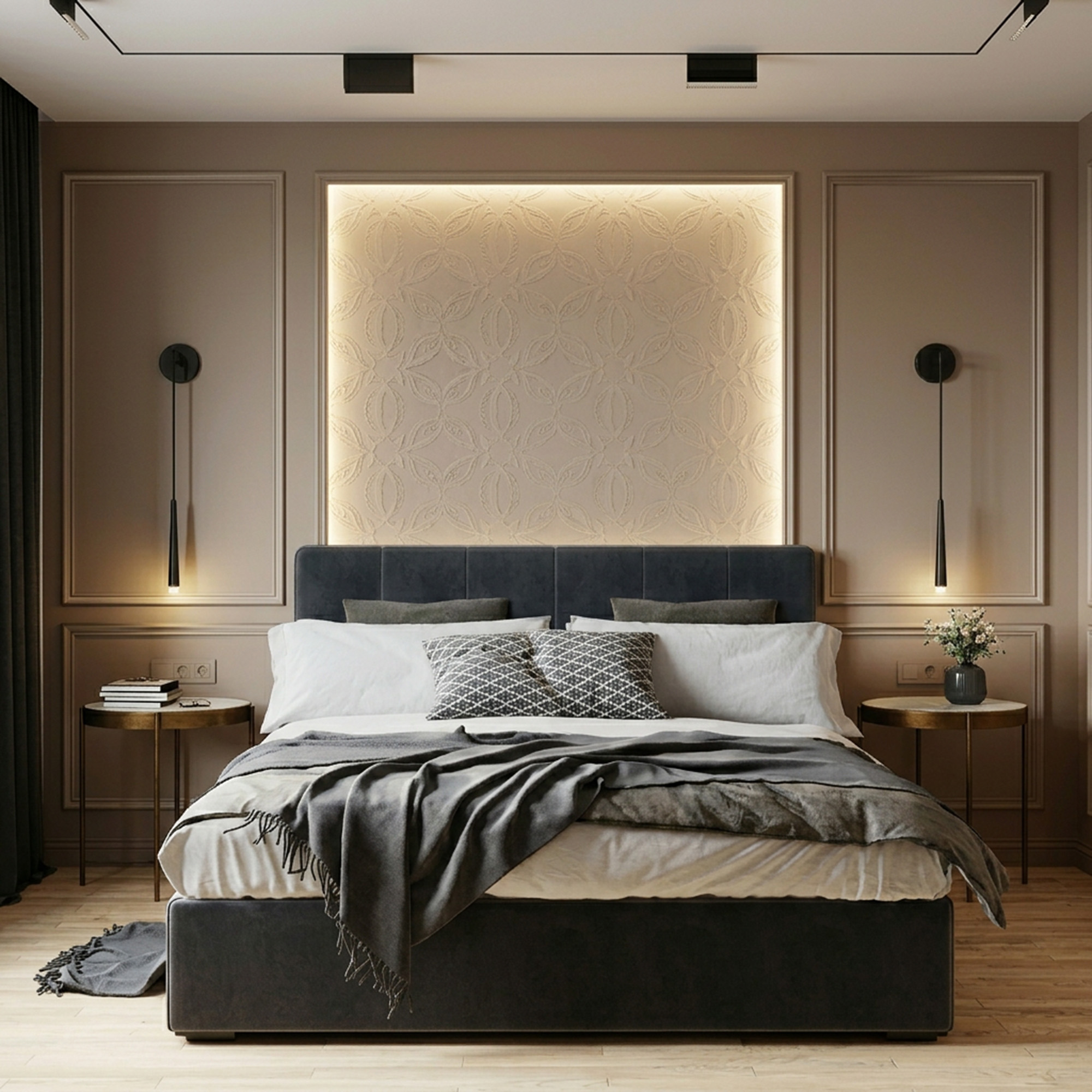 Transitional Guest Bedroom Design with Upholstered Bed and Backlit ...