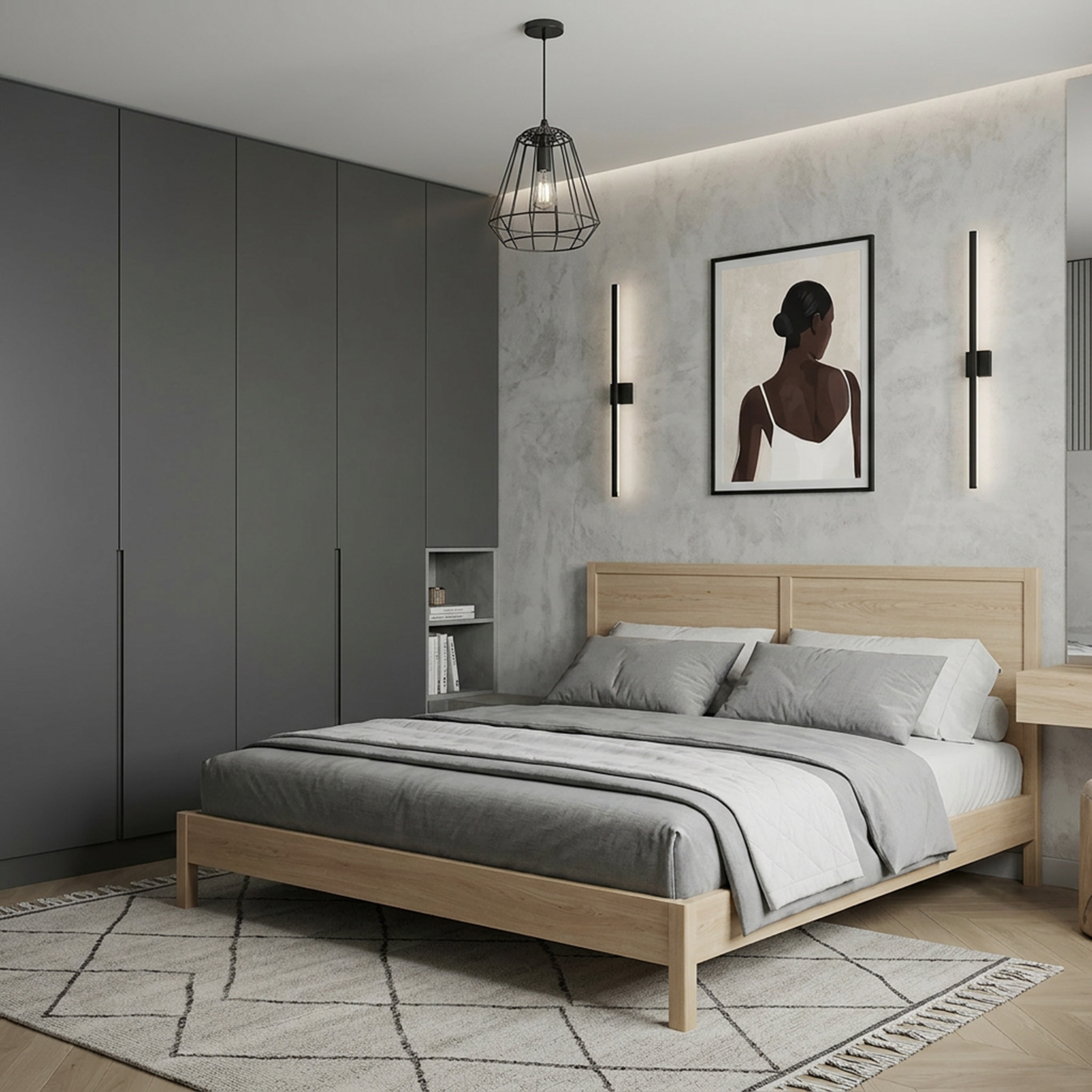 Modern Guest Bedroom Design with Platform Bed and Black Wardrobe | Livspace