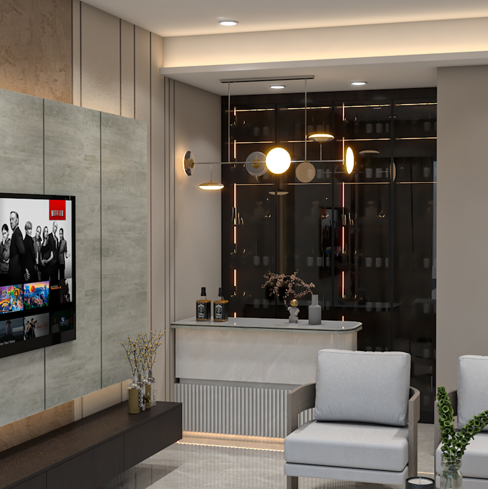 Modern Home Bar Design with Wooden Finish and LED Display | Livspace