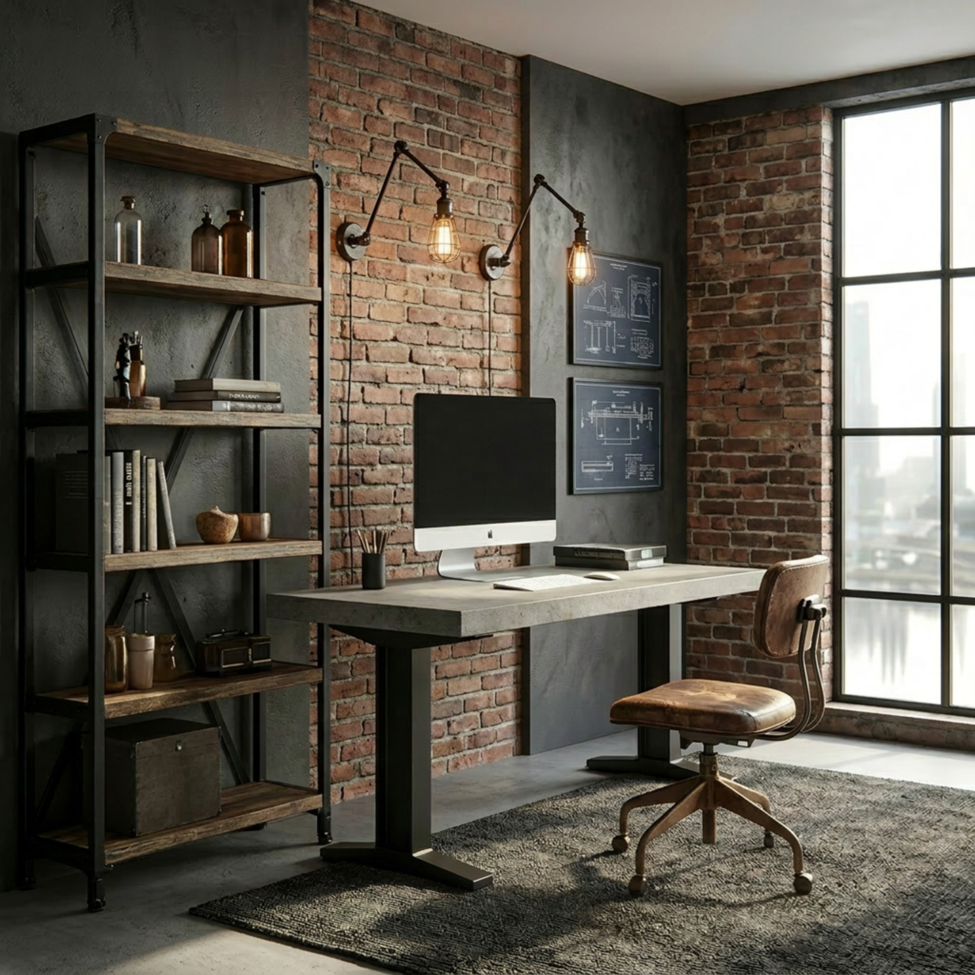 Industrial Wood and Charcoal Home Office Design with Desk and Open ...