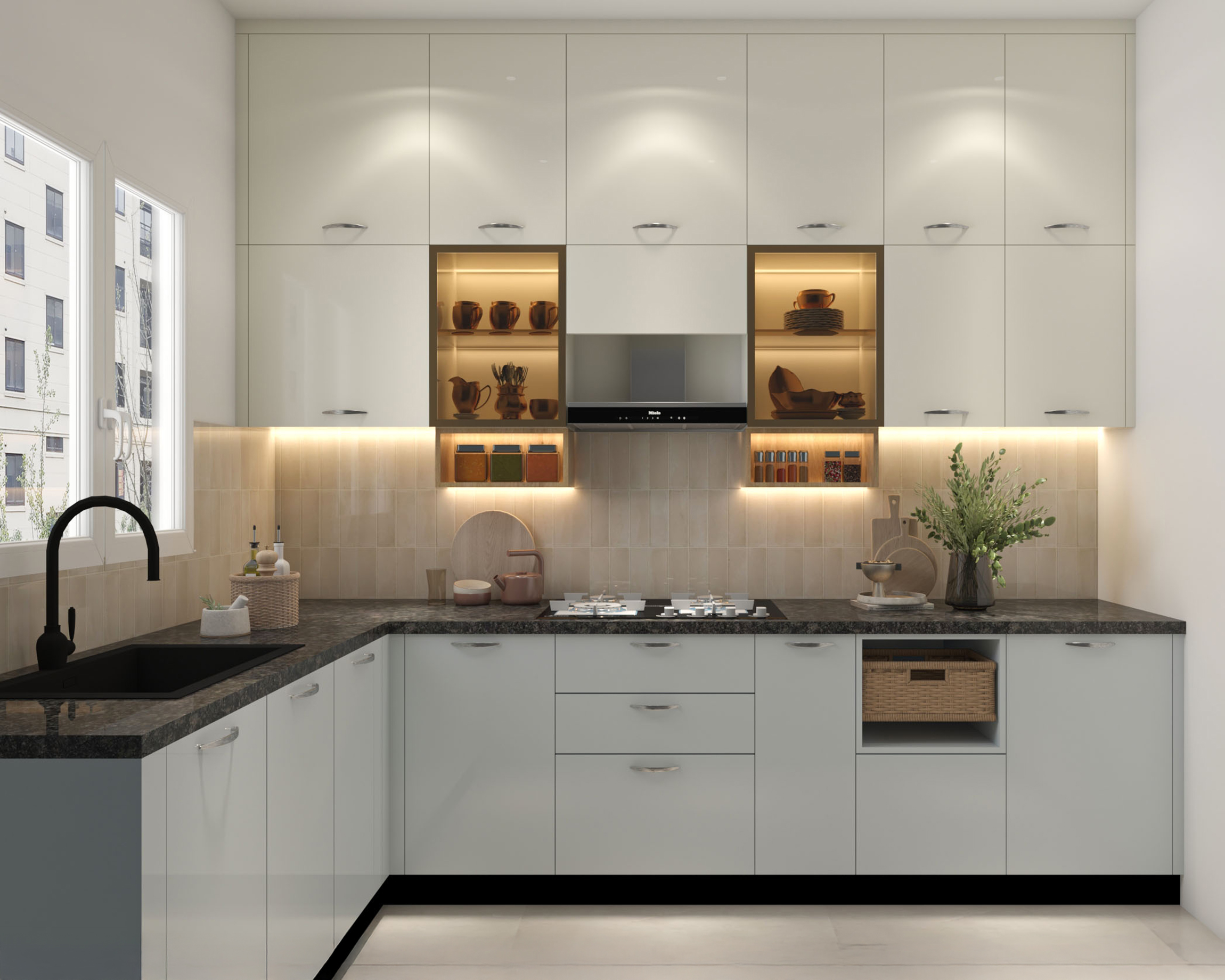 L-Shaped Modern Kitchen Design with High Gloss Silver and White Wall ...