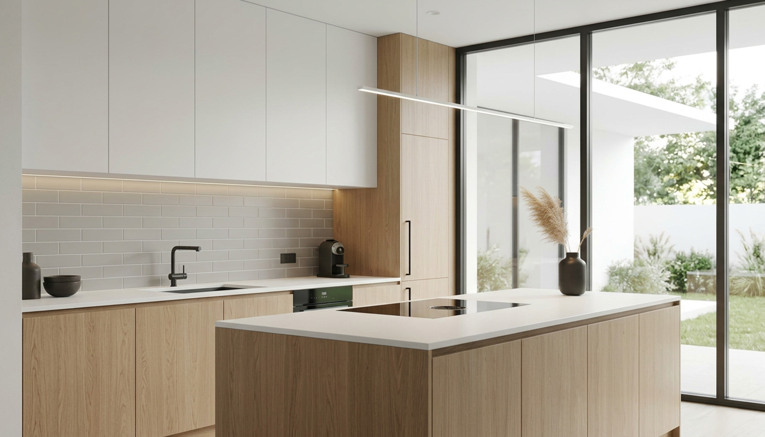 Walnut and White Minimal Island Kitchen Design with Quartz Top | Livspace