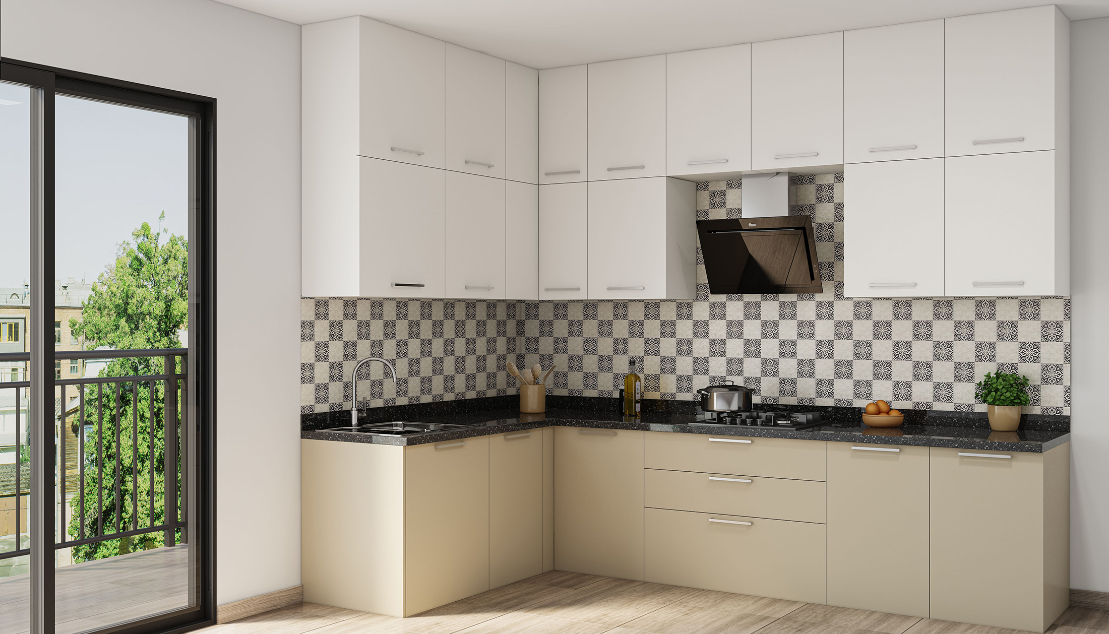 Contemporary Cream and White L-Shaped Kitchen Design with Checkered ...