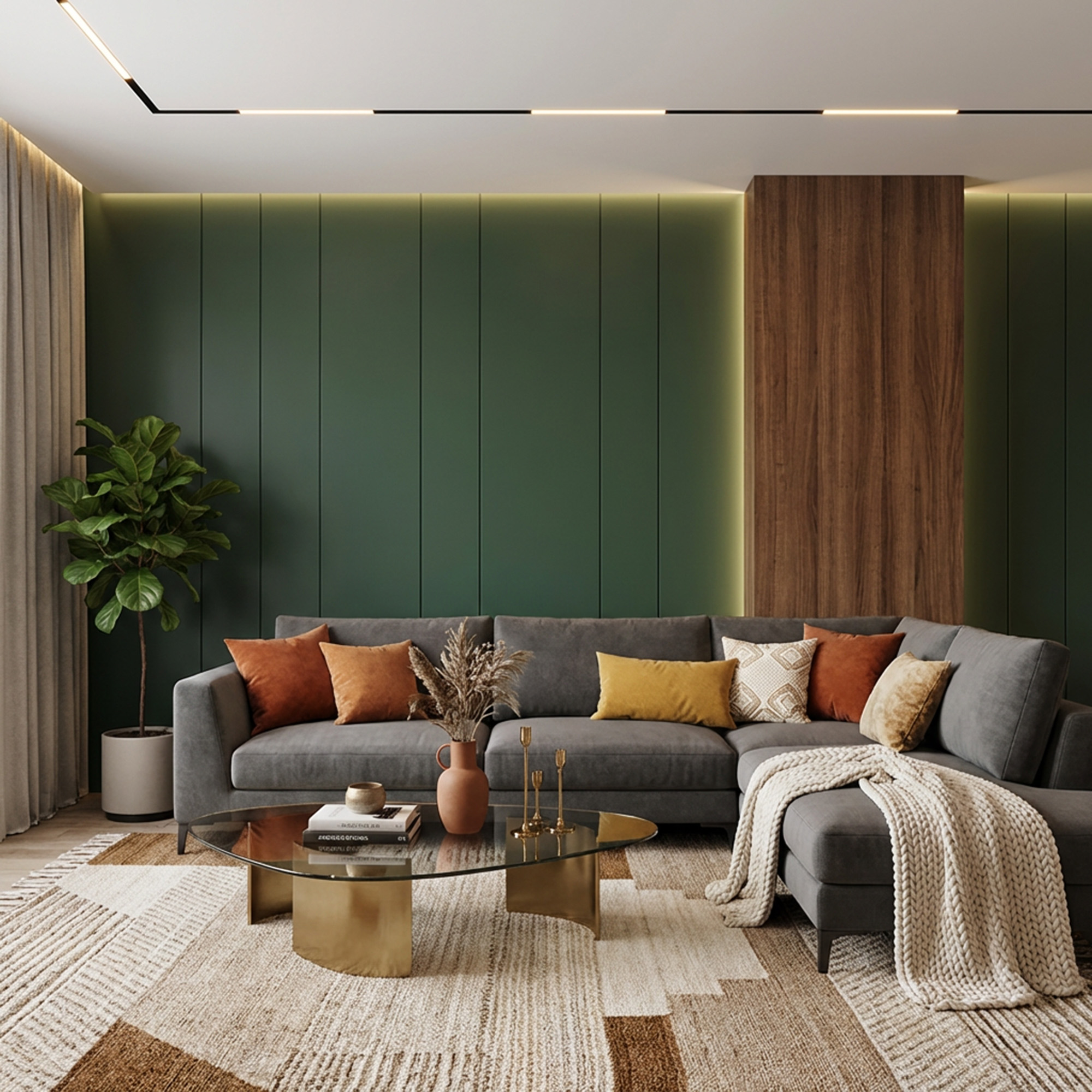 Modern Living Room Design with Textured Wall and Grey Sectional Sofa ...