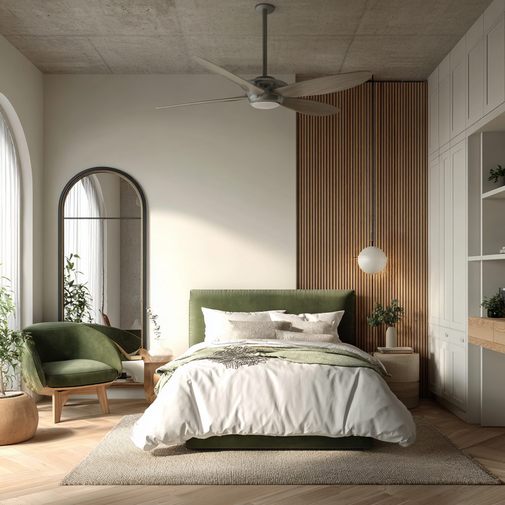 Modern Guest Bedroom Design with Wooden Slat Wall and Green Platform ...
