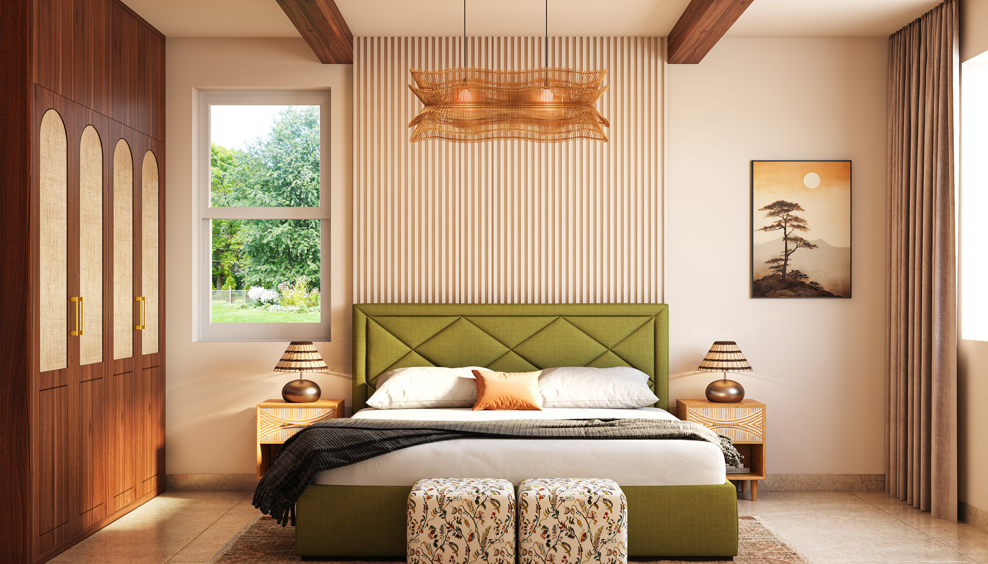 Contemporary Master Bedroom Design with Olive Bed and Wood Slatted Wall ...