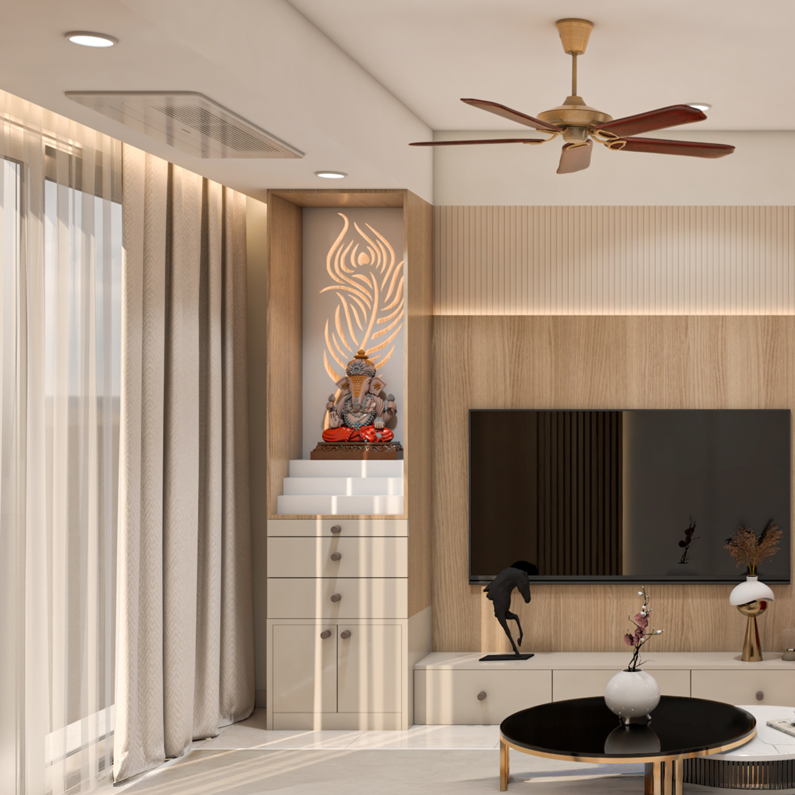 Grey and Walnut Contemporary Pooja Room Design with Storage and Backlit ...