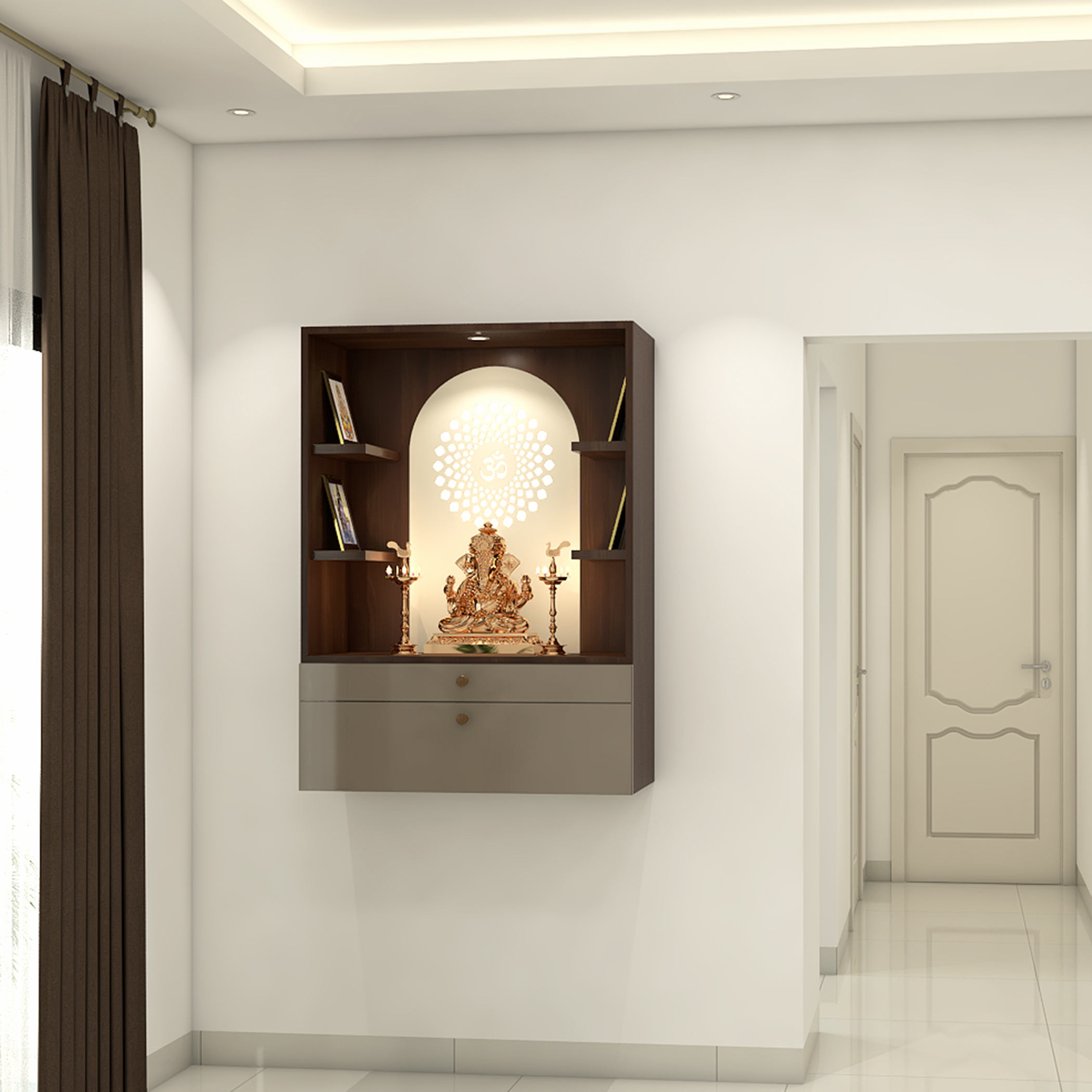 Modern Wall Mounted Bronze and Pearl Pooja Unit Design with Dark Wood ...