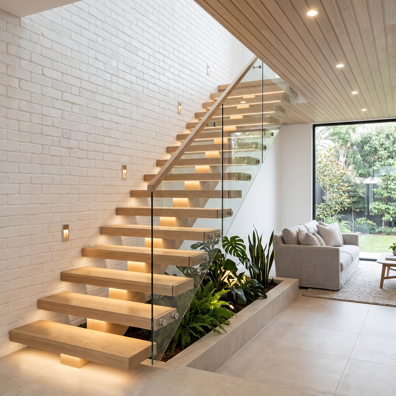 Contemporary Staircase Design with Straight Layout with Natural Wood ...
