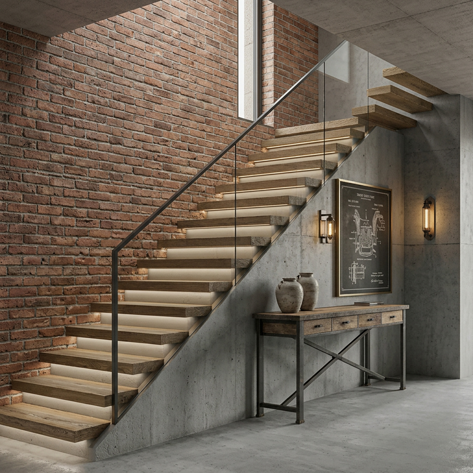 Industrial Straight Staircase Design with Concrete Wood Glass and Metal ...