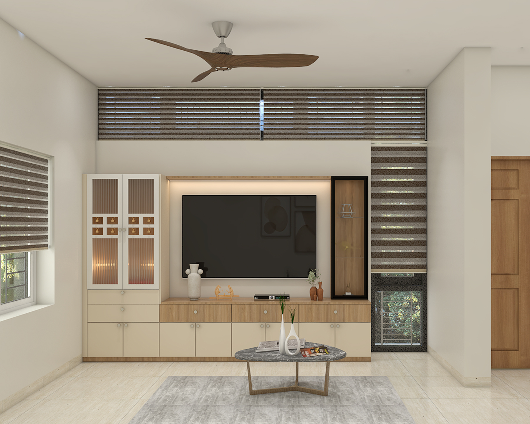 Cream and Tiepolo Modern TV Unit Design with Large Storage and Display ...