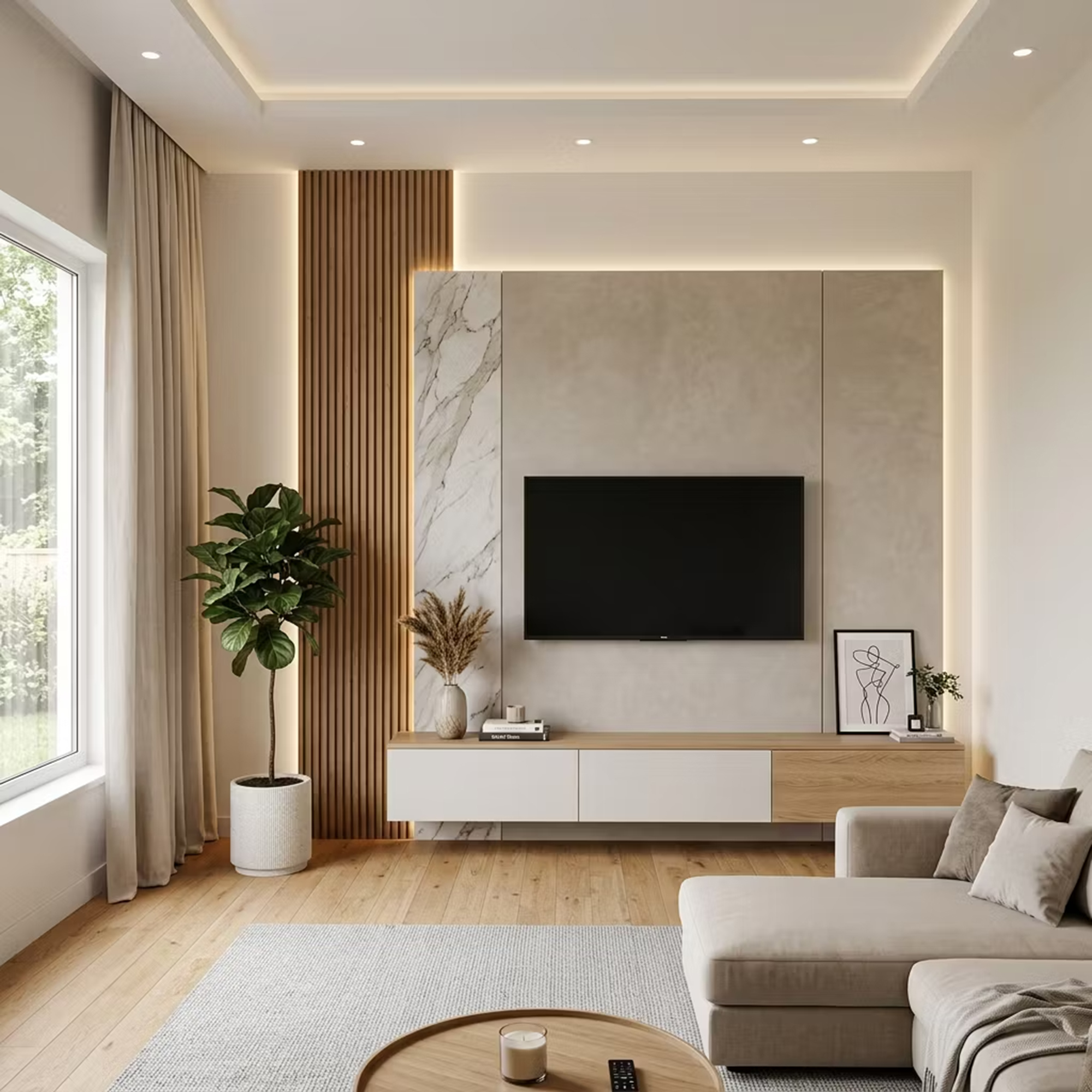 Contemporary TV Unit Design with Backlit Wood Slats and Marble Setup ...
