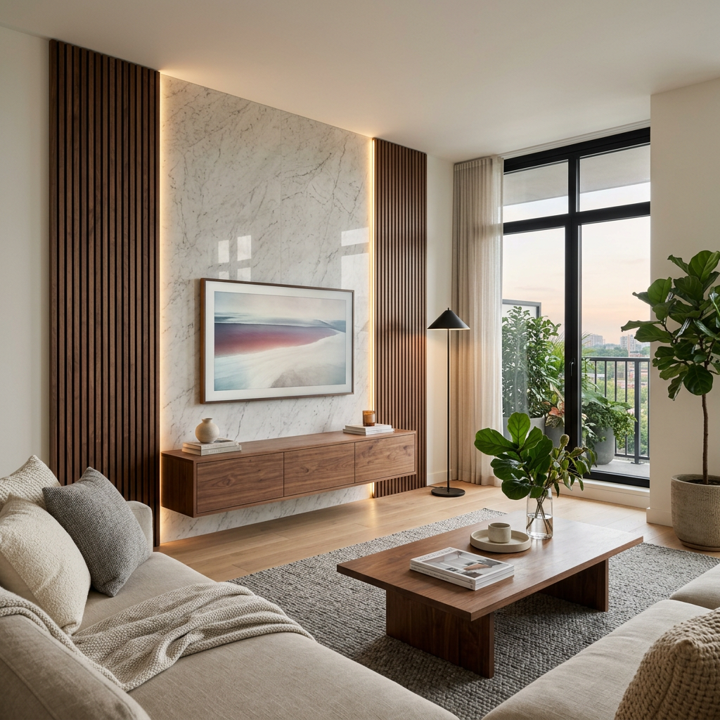Walnut Bronze Contemporary TV Unit Design with Veined White Marble Slab ...
