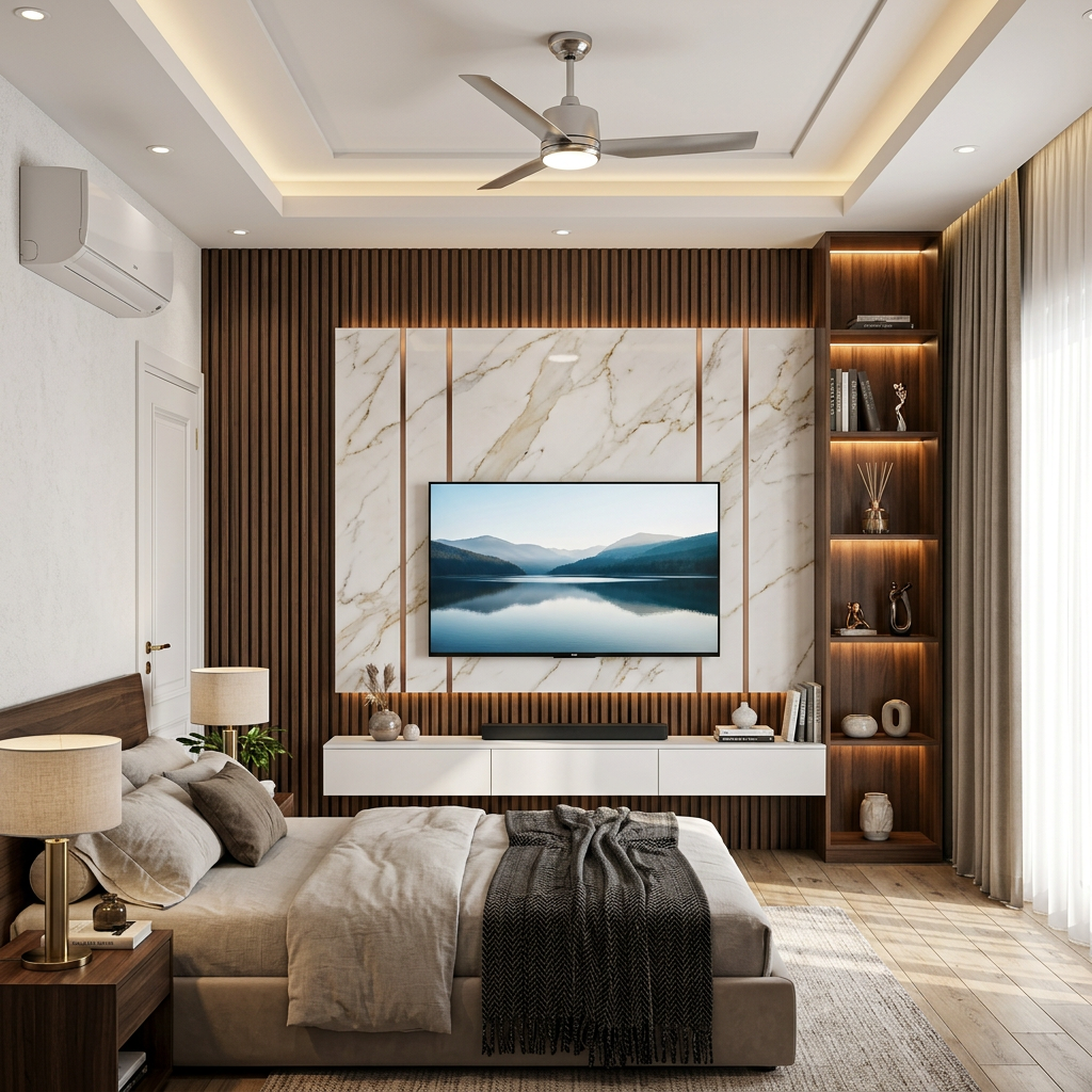 Walnut Bronze Contemporary TV Unit Design with White Floating Media ...