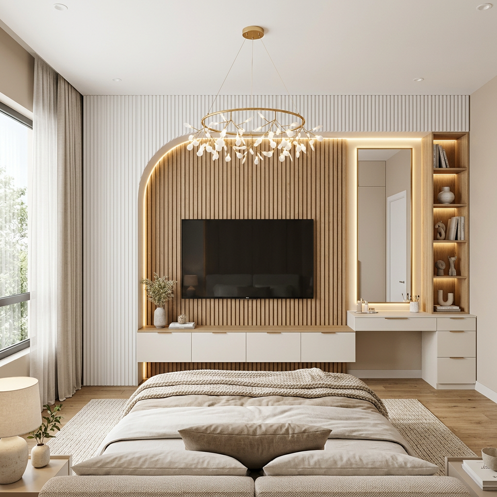 Modern Walnut Bronze and White TV Unit Design with Integrated Vanity ...