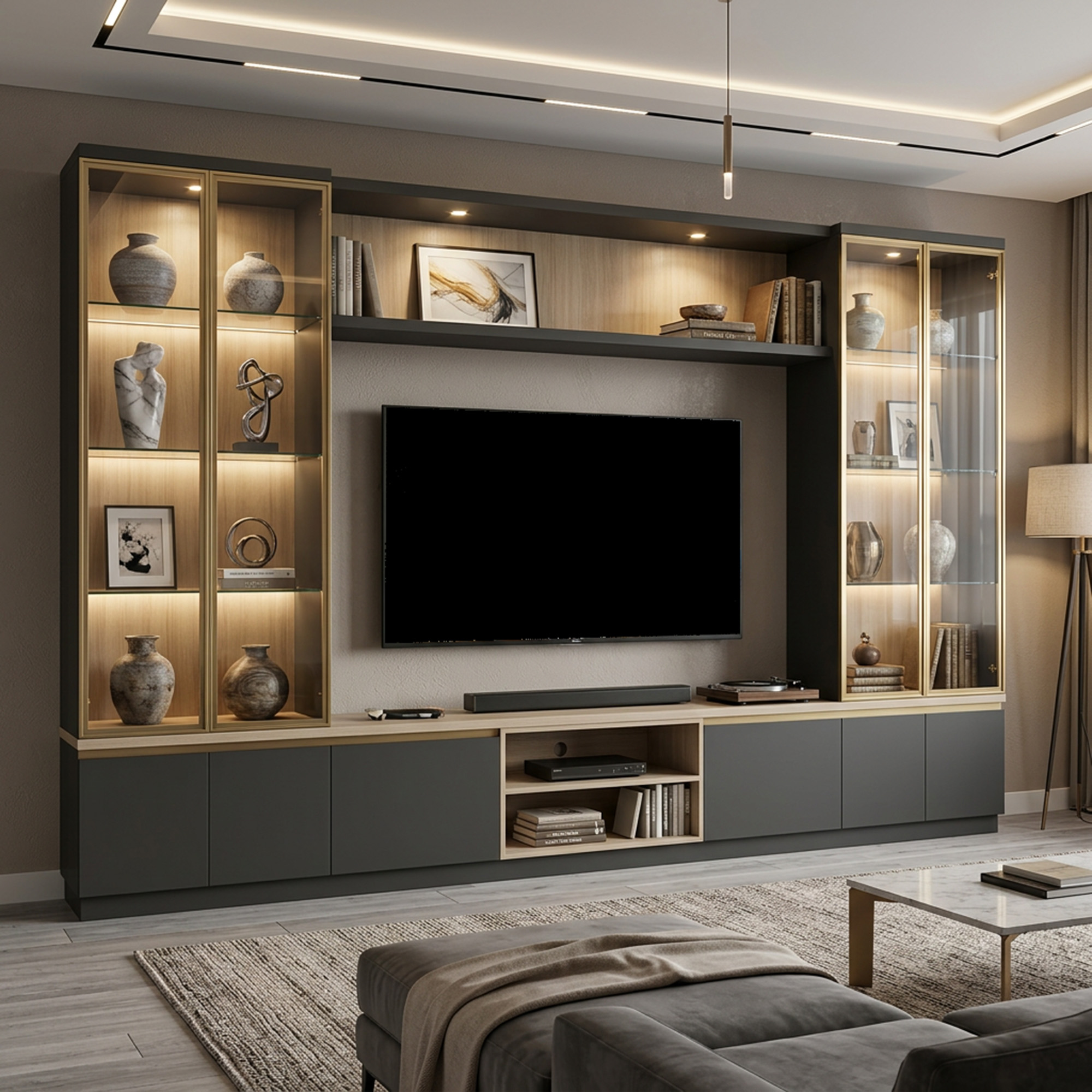 Contemporary Grey and Walnut TV Unit Design with Storage and Glass ...