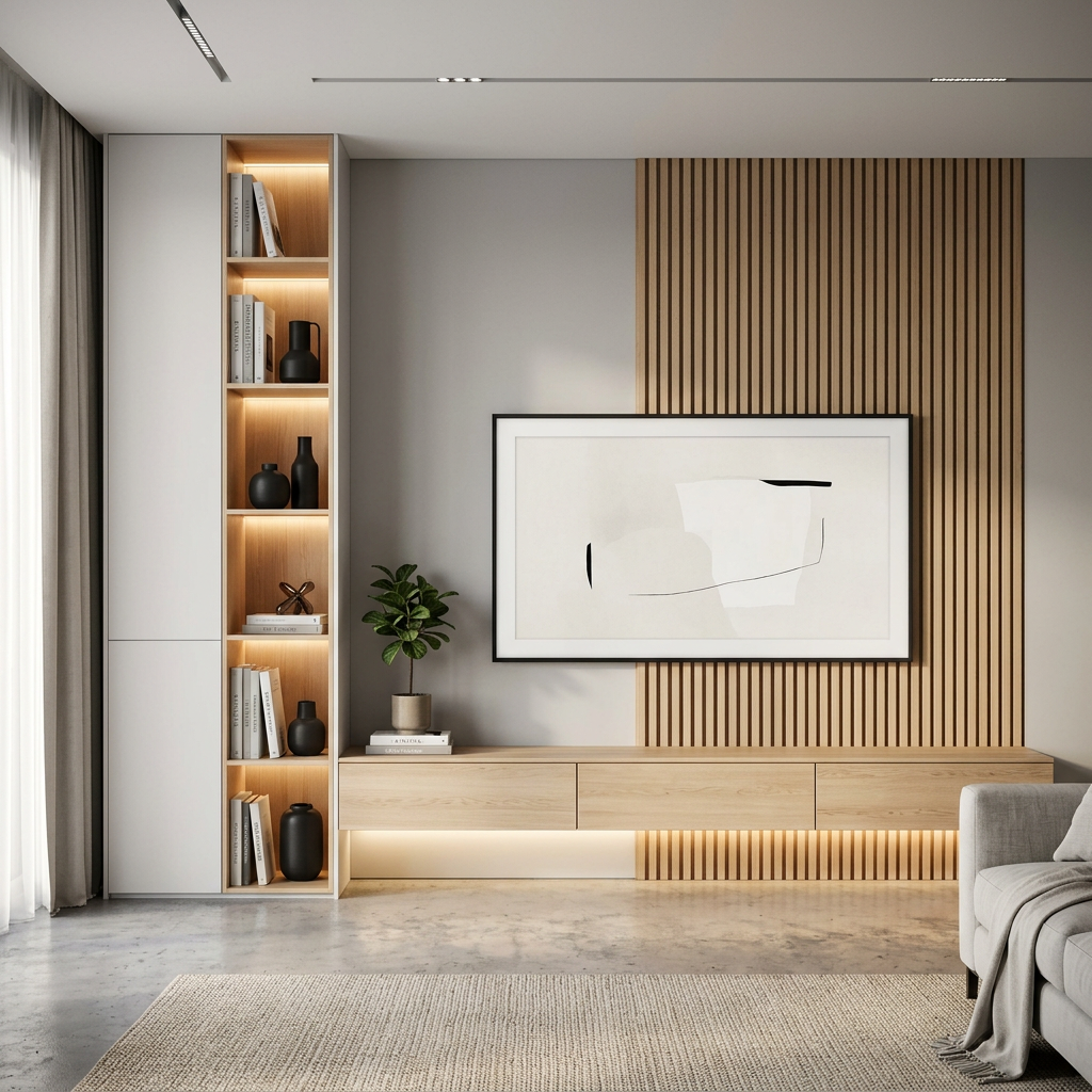 Modern White and Walnut TV Unit Design with Fluted Panels | Livspace