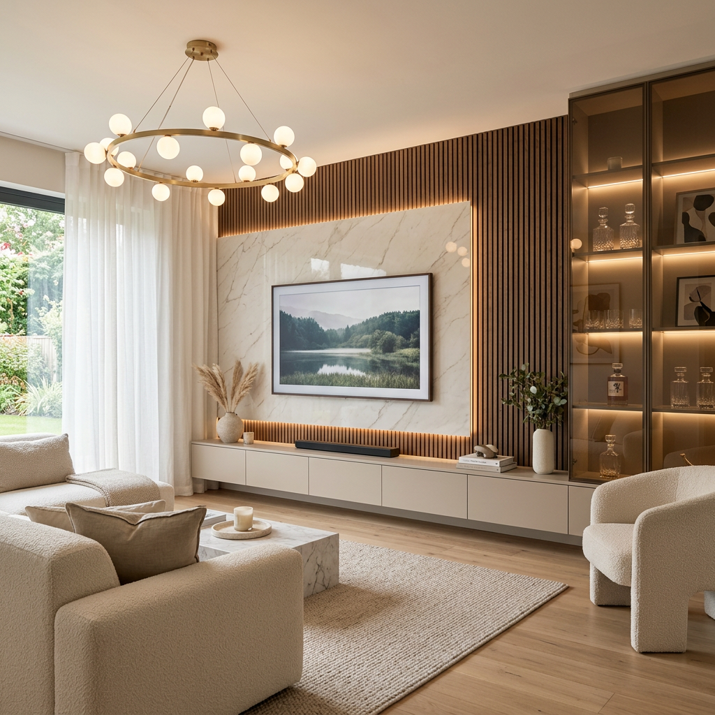 White and Walnut Bronze Modern TV Unit Design with White Marble ...