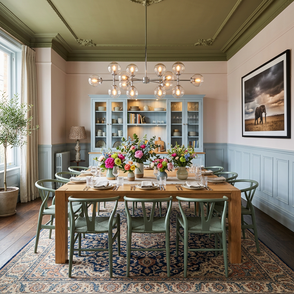 Classic Dining Room Design with Sage Green Wishbone Chairs and Light ...