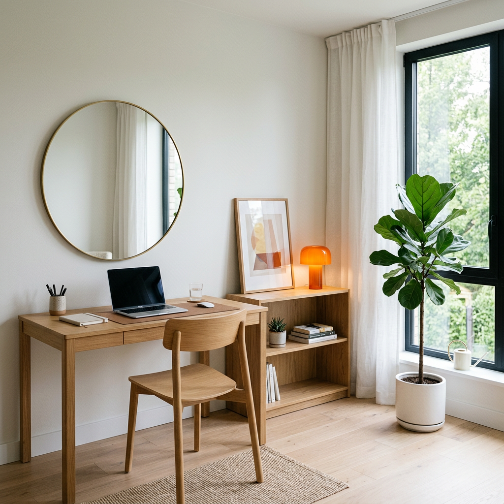 Scandinavian Home Office Design with Two Tier Wooden Open Credenza ...