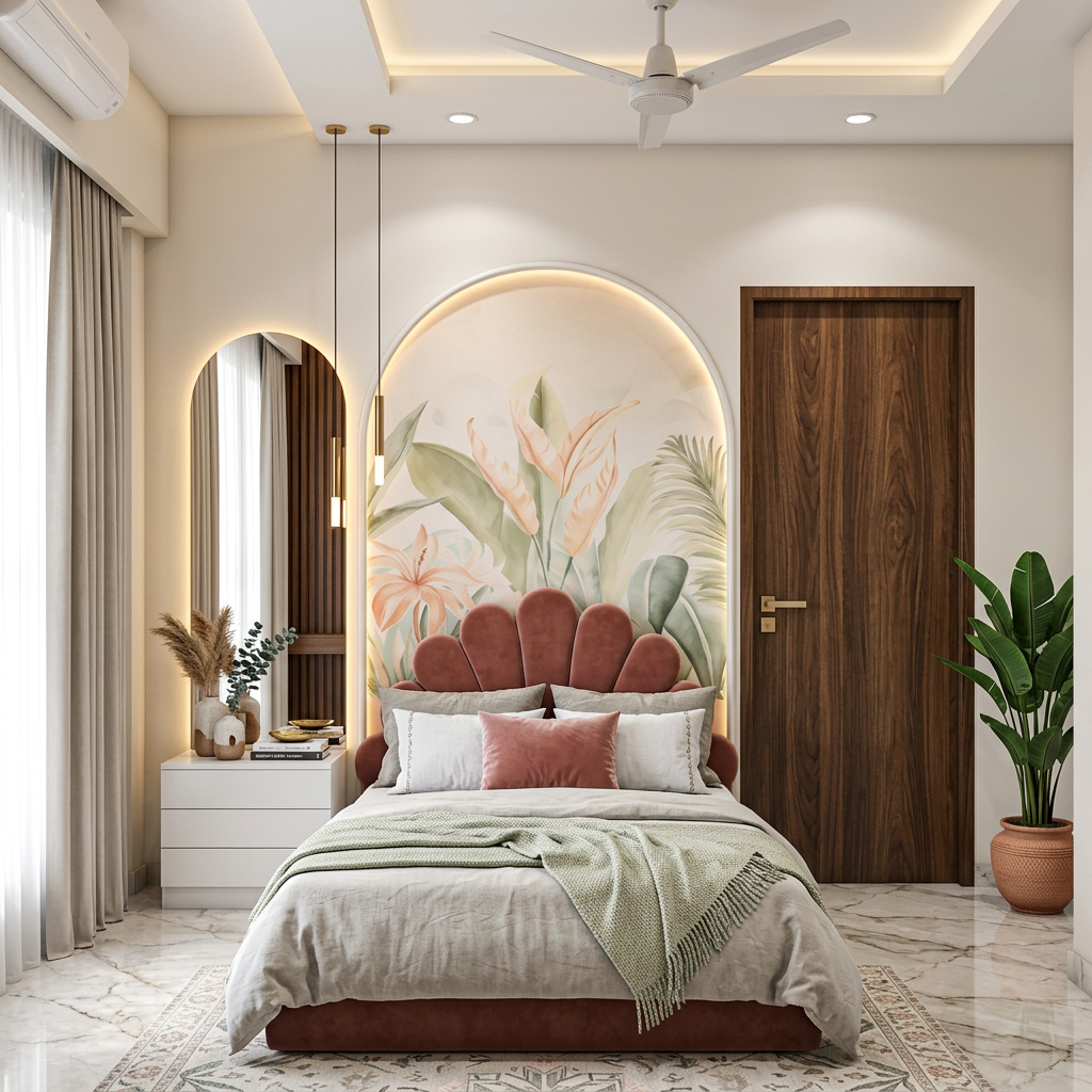 Contemporary Kids Bedroom Design with Botanical Wallpaper and Bedside ...