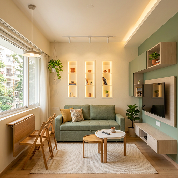 Scandinavian Living Room Design with Backlit Wall Niches | Livspace