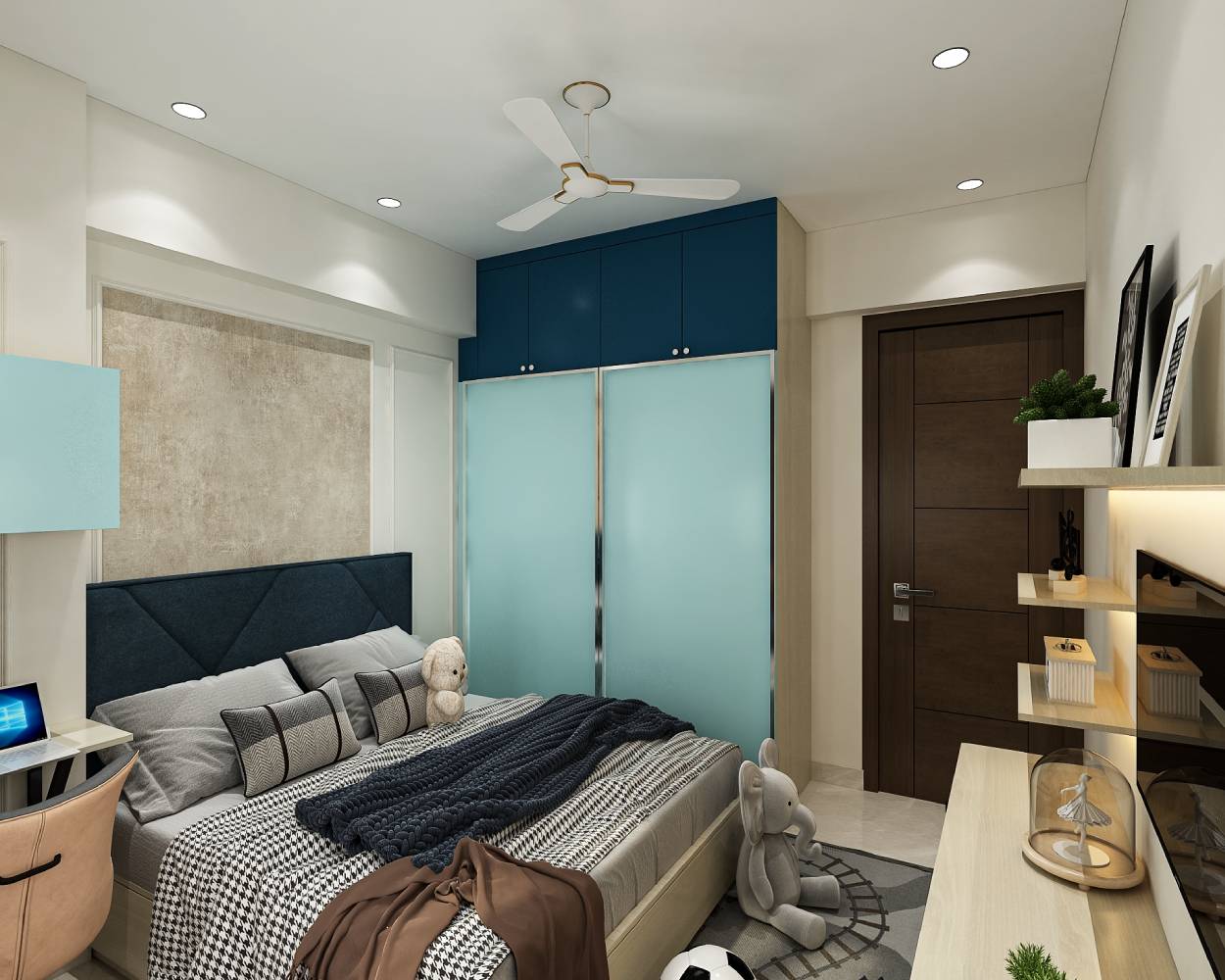 Celestial Blue Contemporary Sliding Wardrobe Design for Kids Bedroom ...