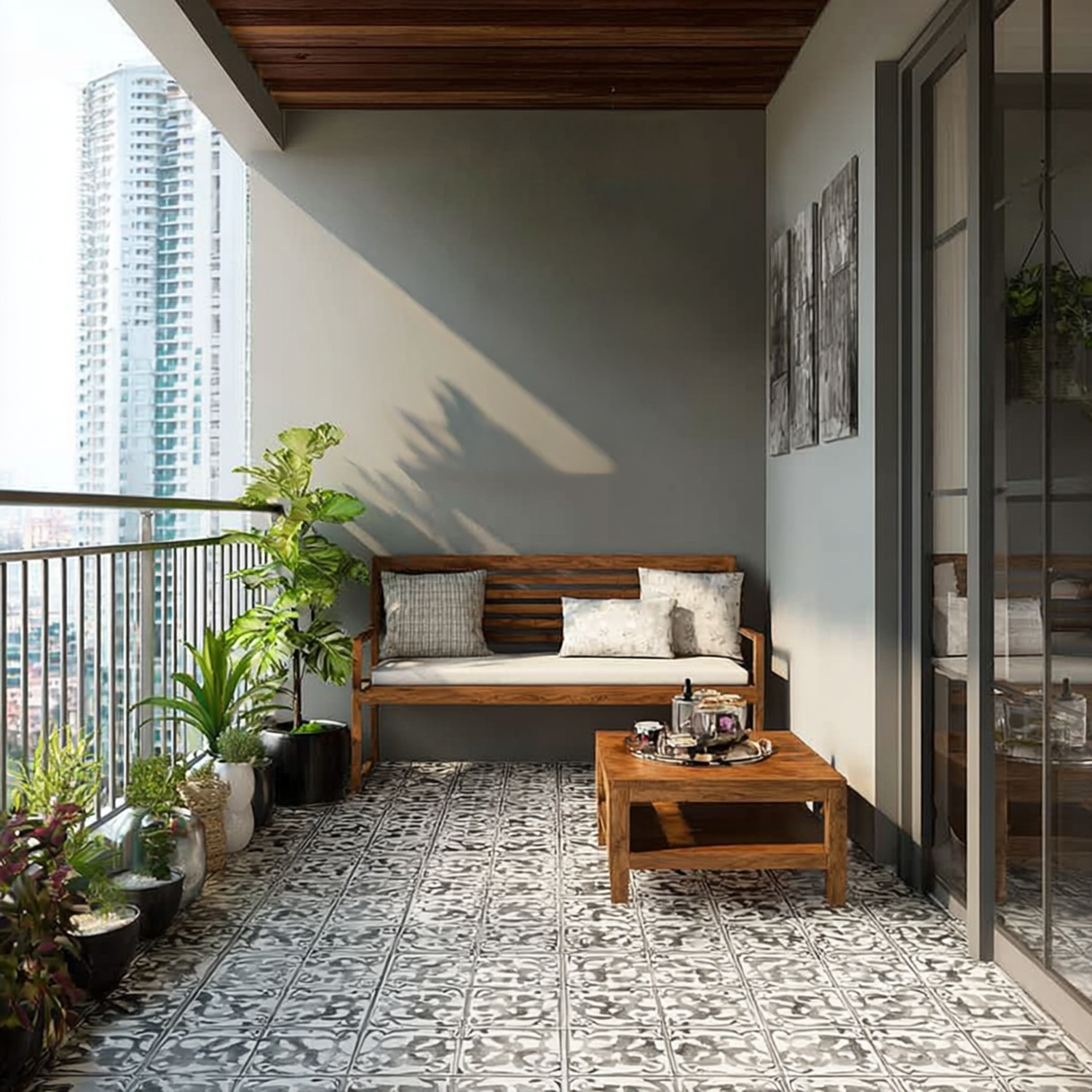 Bohemian Balcony Design with Teak Seating and Patterned Flooring | Livspace
