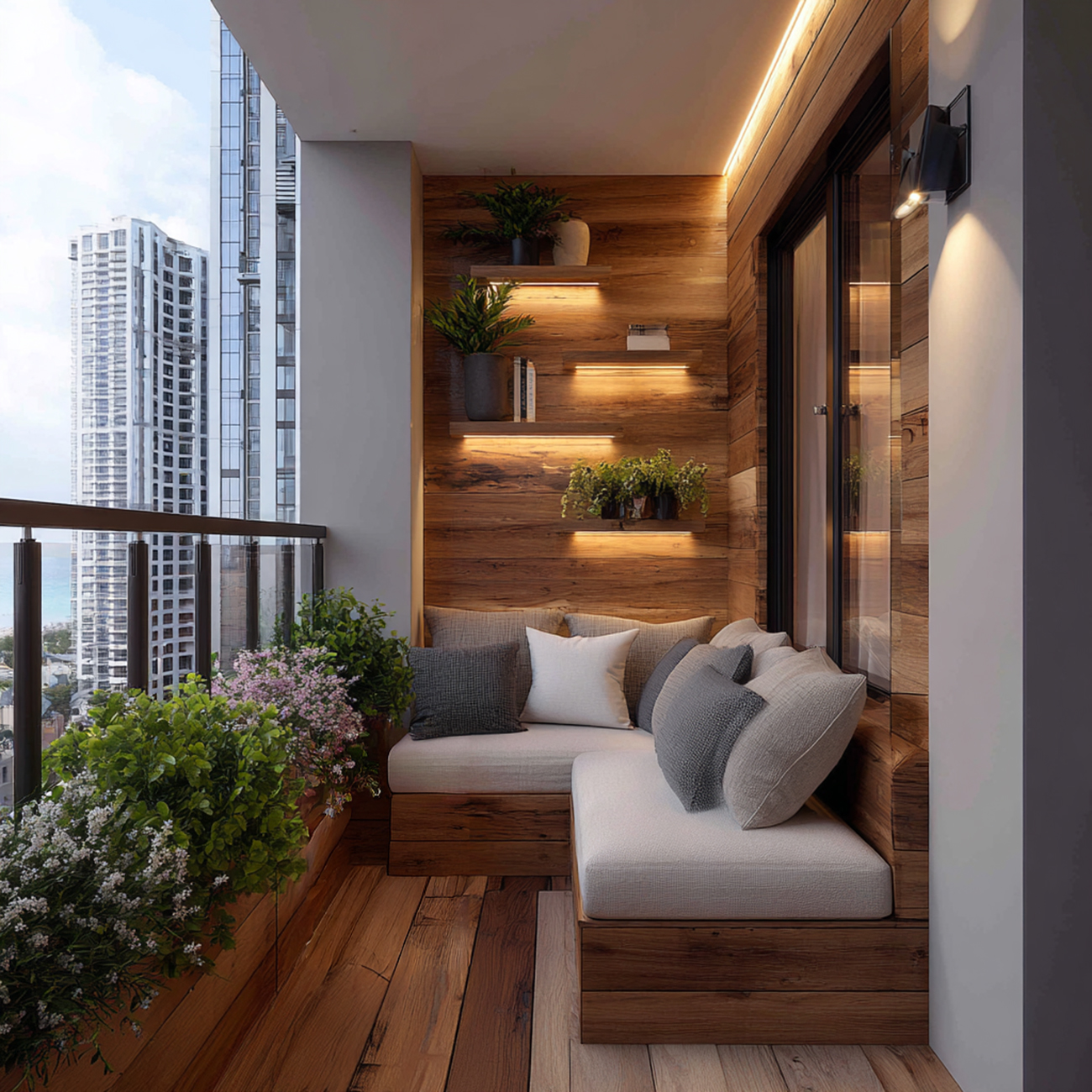 Contemporary Balcony Design with Wooden Accent Wall and LED Shelves ...