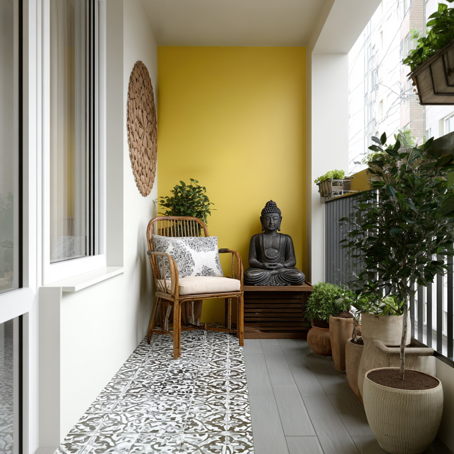 Contemporary Balcony Design with Mustard Wall and Buddha Decor | Livspace
