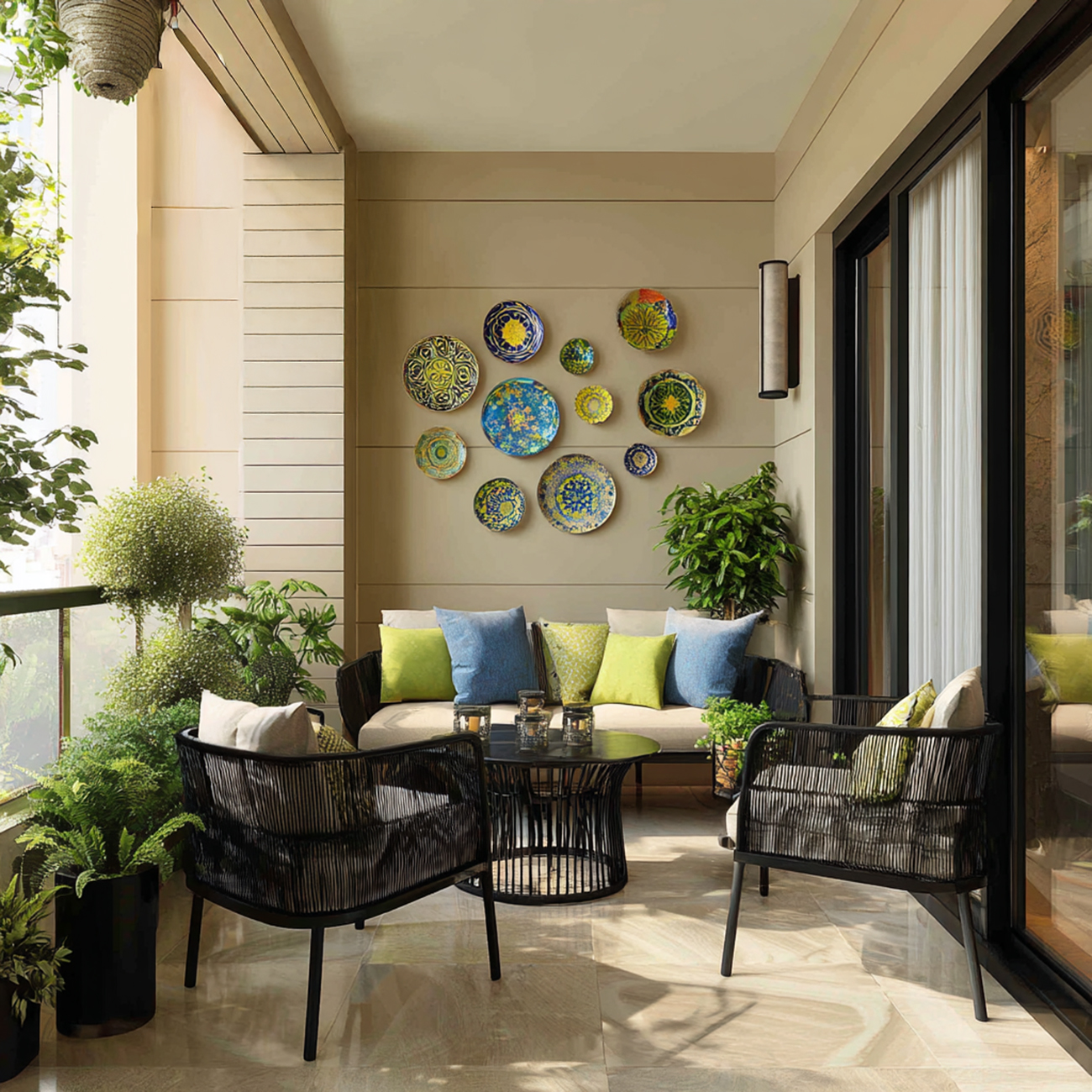 Balcony Design with Contemporary Rattan Seating and Decorative Wall ...