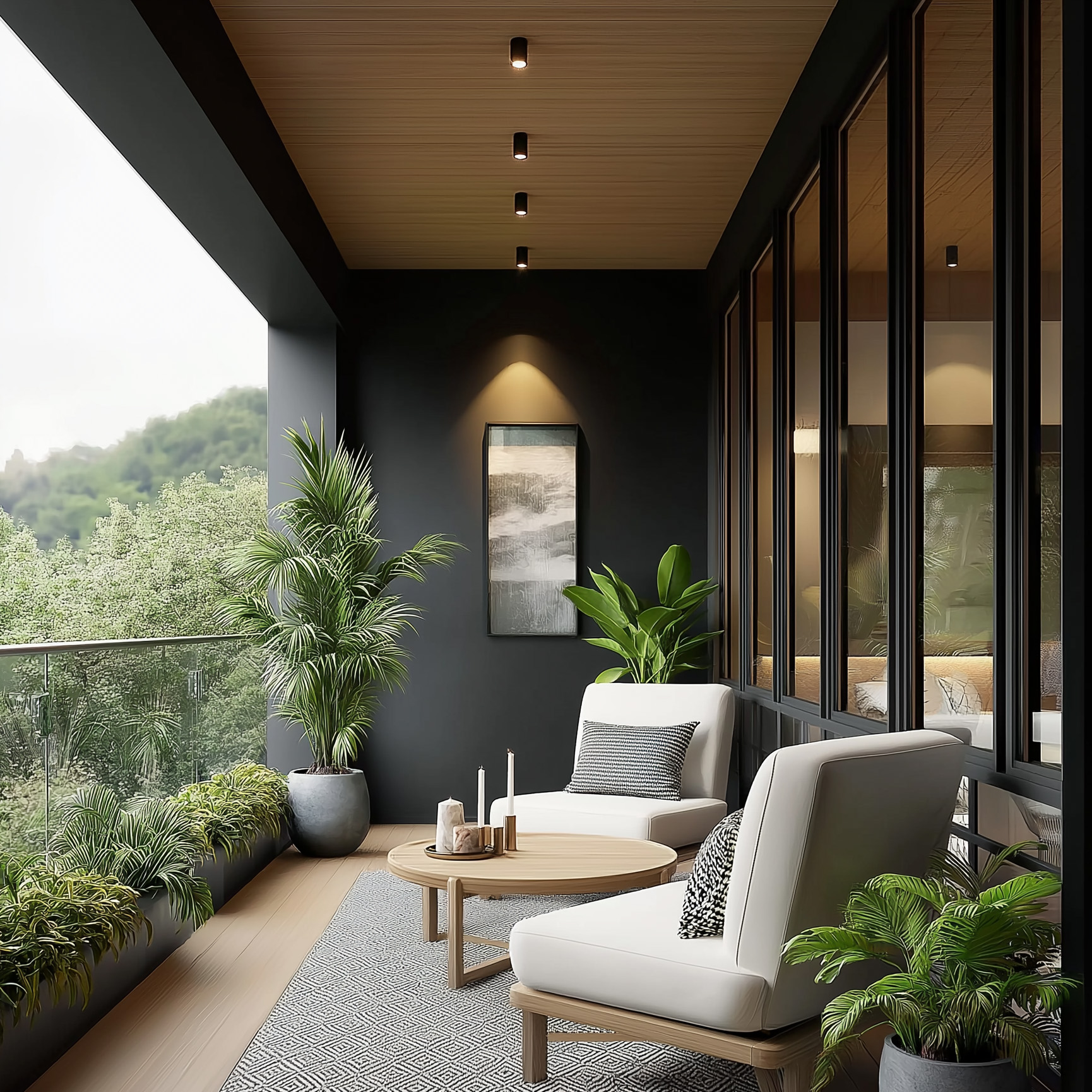 Modern Balcony Design with Wooden Ceiling and Dark Accent Wall | Livspace