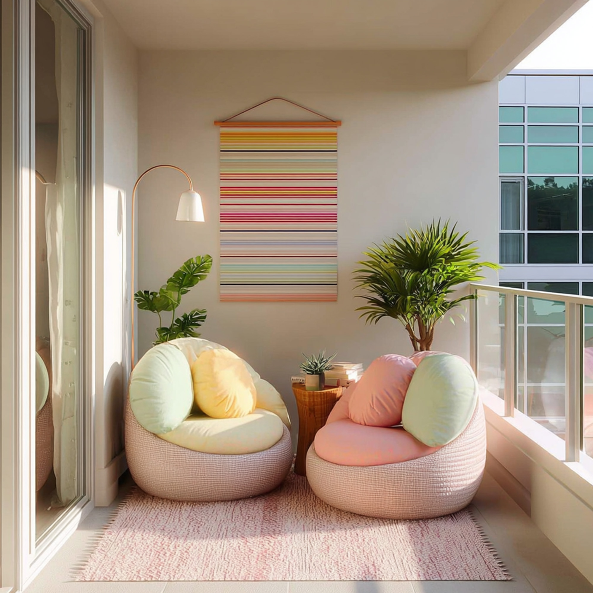 Bohemian Balcony Design with Neutral Wall with Striped Hanging and ...