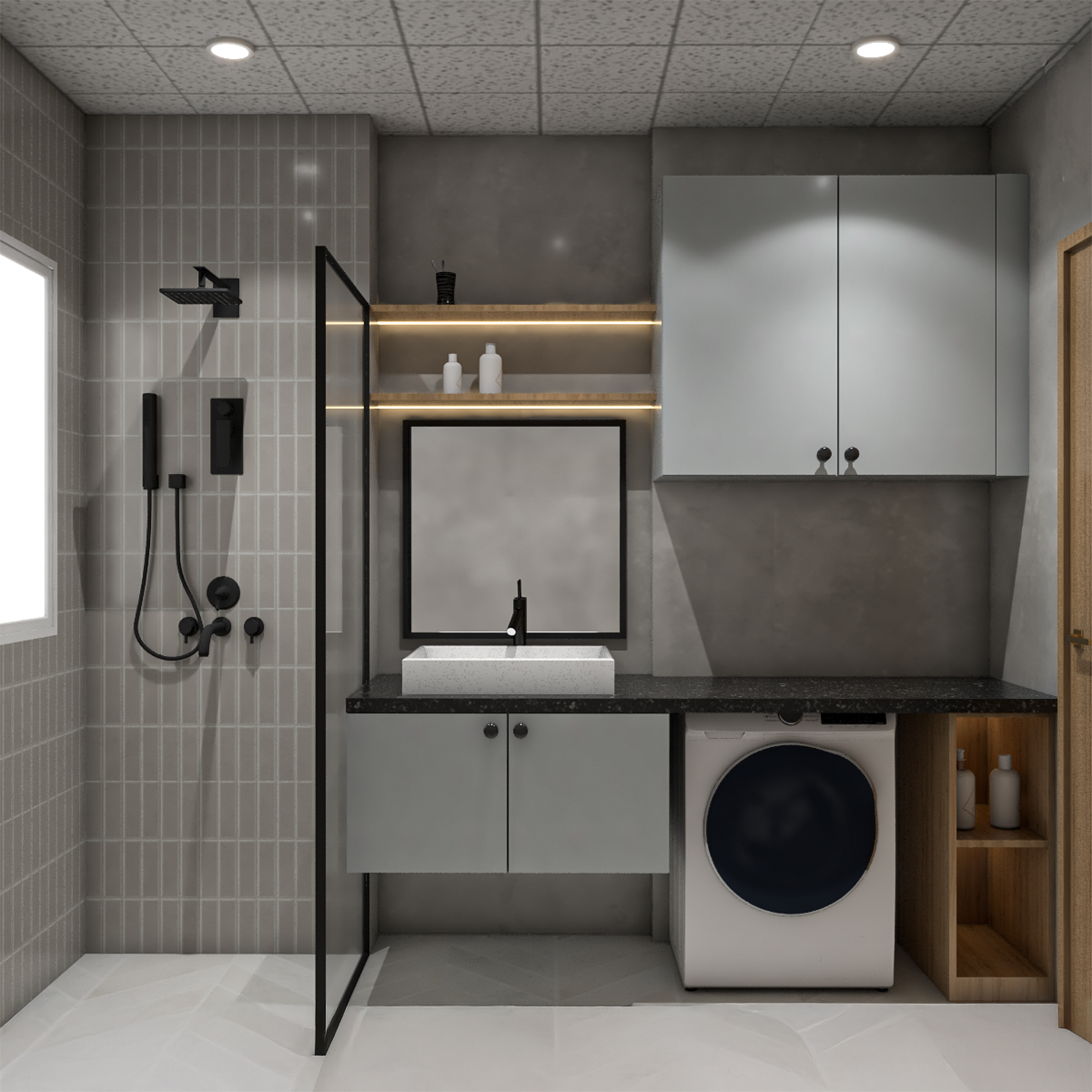 Grey Tiled Contemporary Bathroom Design with Integrated Washing Machine ...
