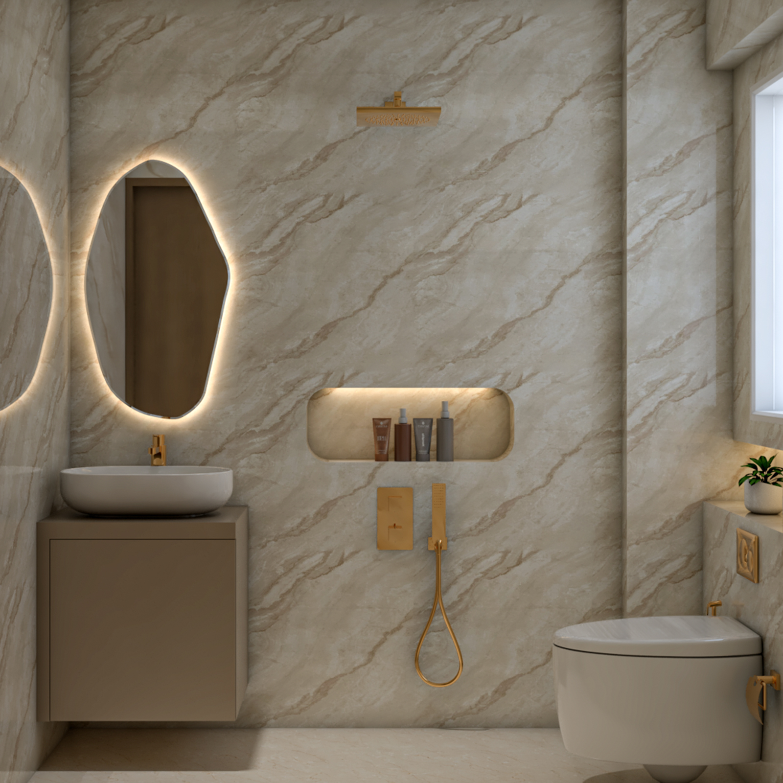 Bathroom Design with Modern Beige Tiles and Sculptural Oval Mirror ...
