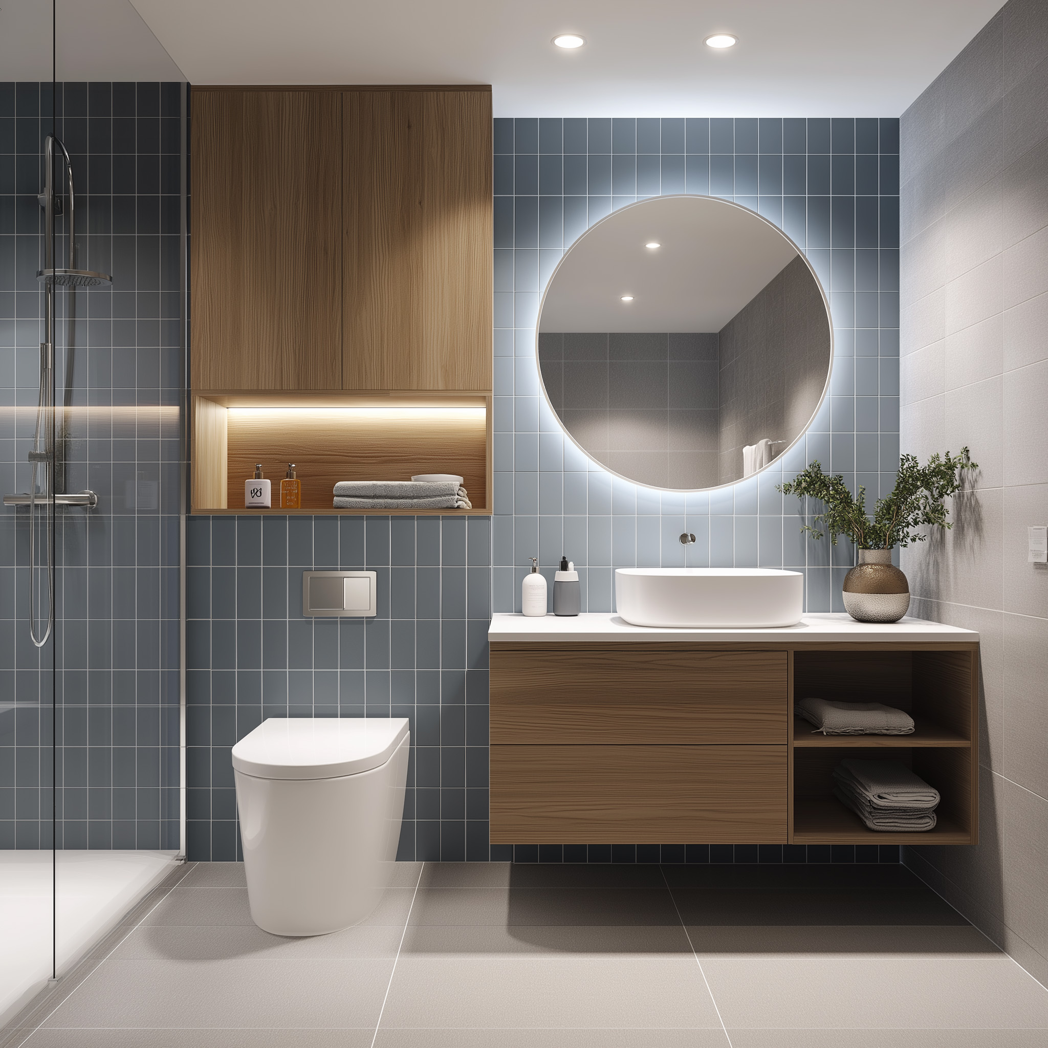Grey Contemporary Bathroom Design with Floating Vanity and Backlit ...