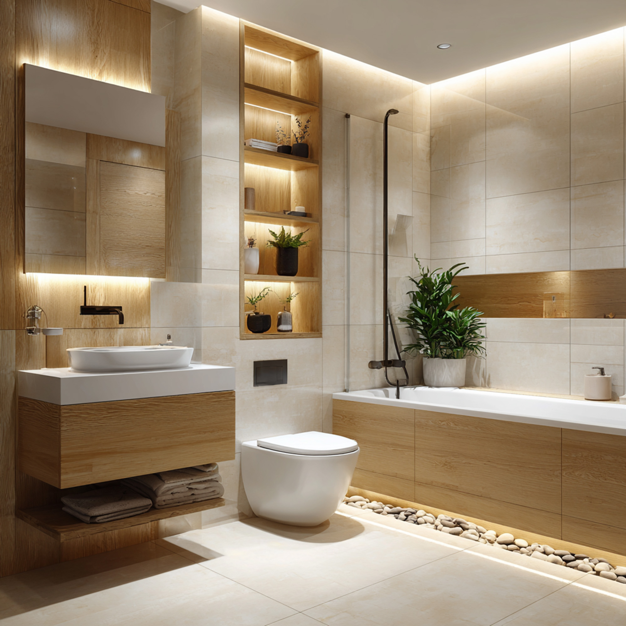 Modern Off-White Bathroom Design with Floating Vanity and LED Niche ...